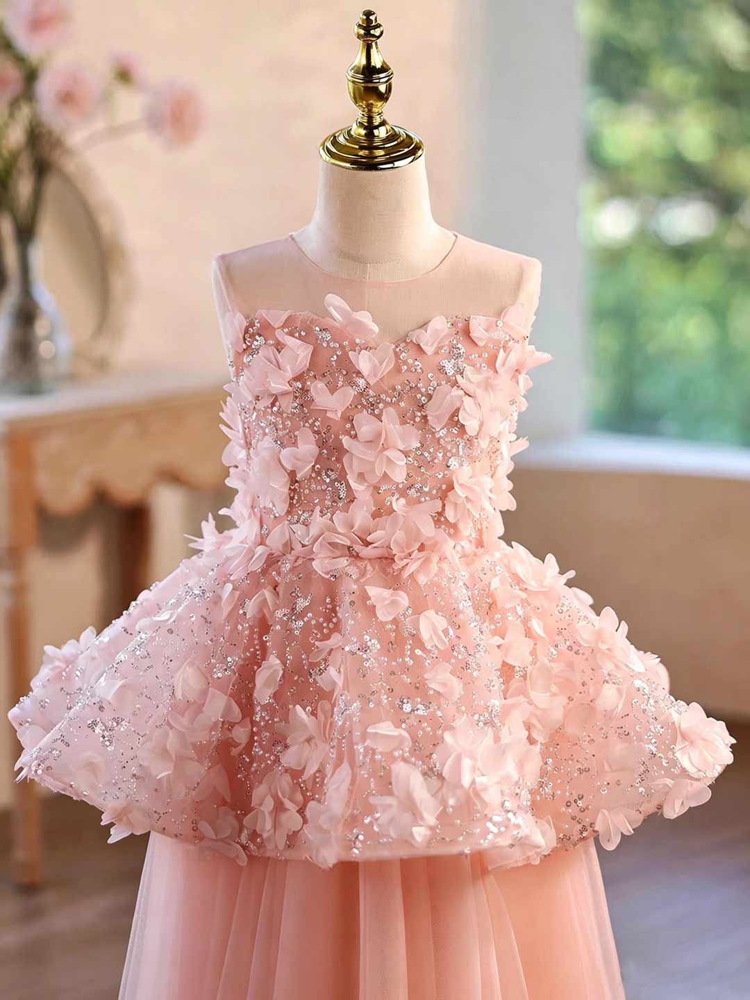 Pink 3D floral tulle flower girl dress J625 5