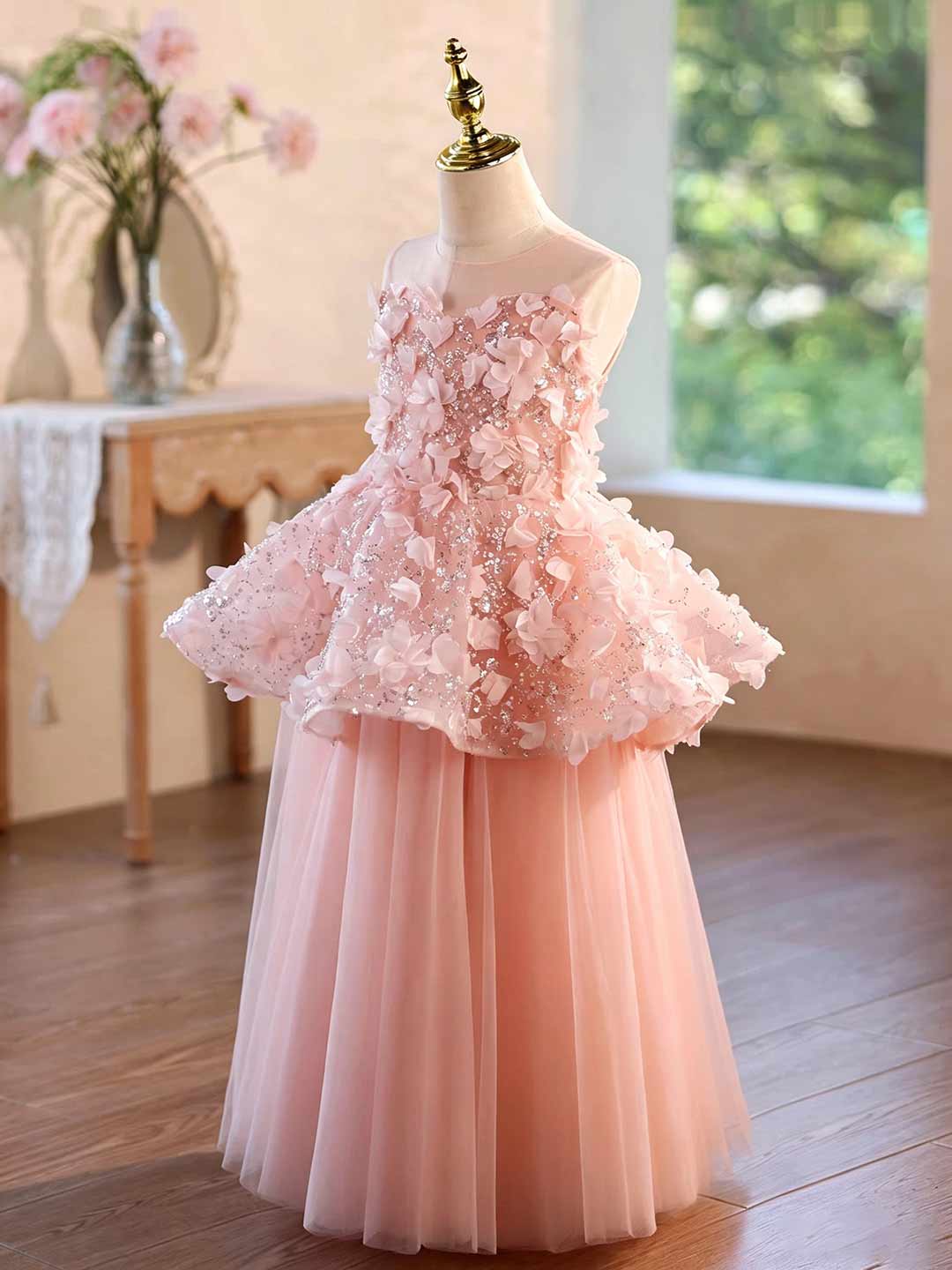 Pink 3D floral tulle flower girl dress J625 6