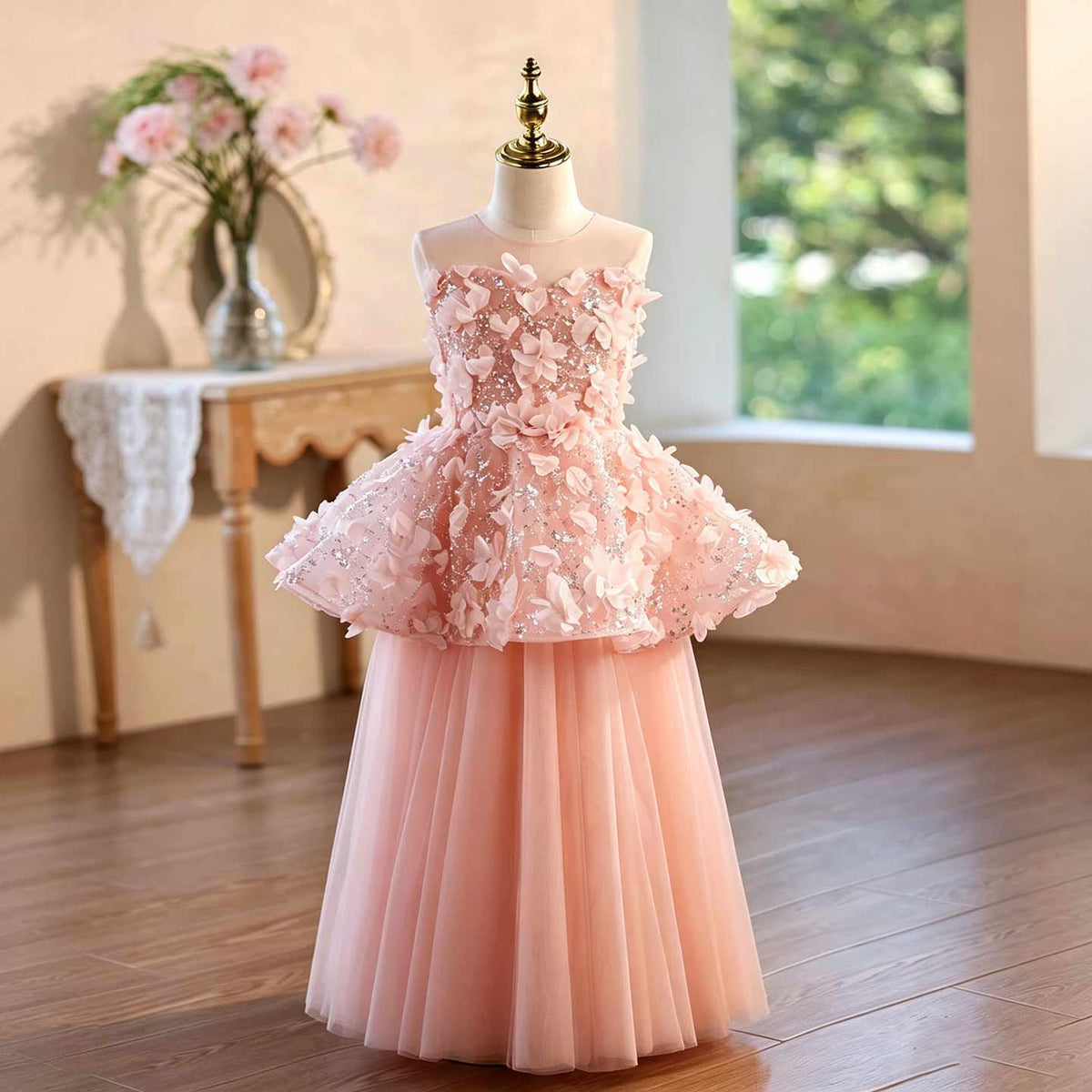 Pink 3D floral tulle flower girl dress J625 1