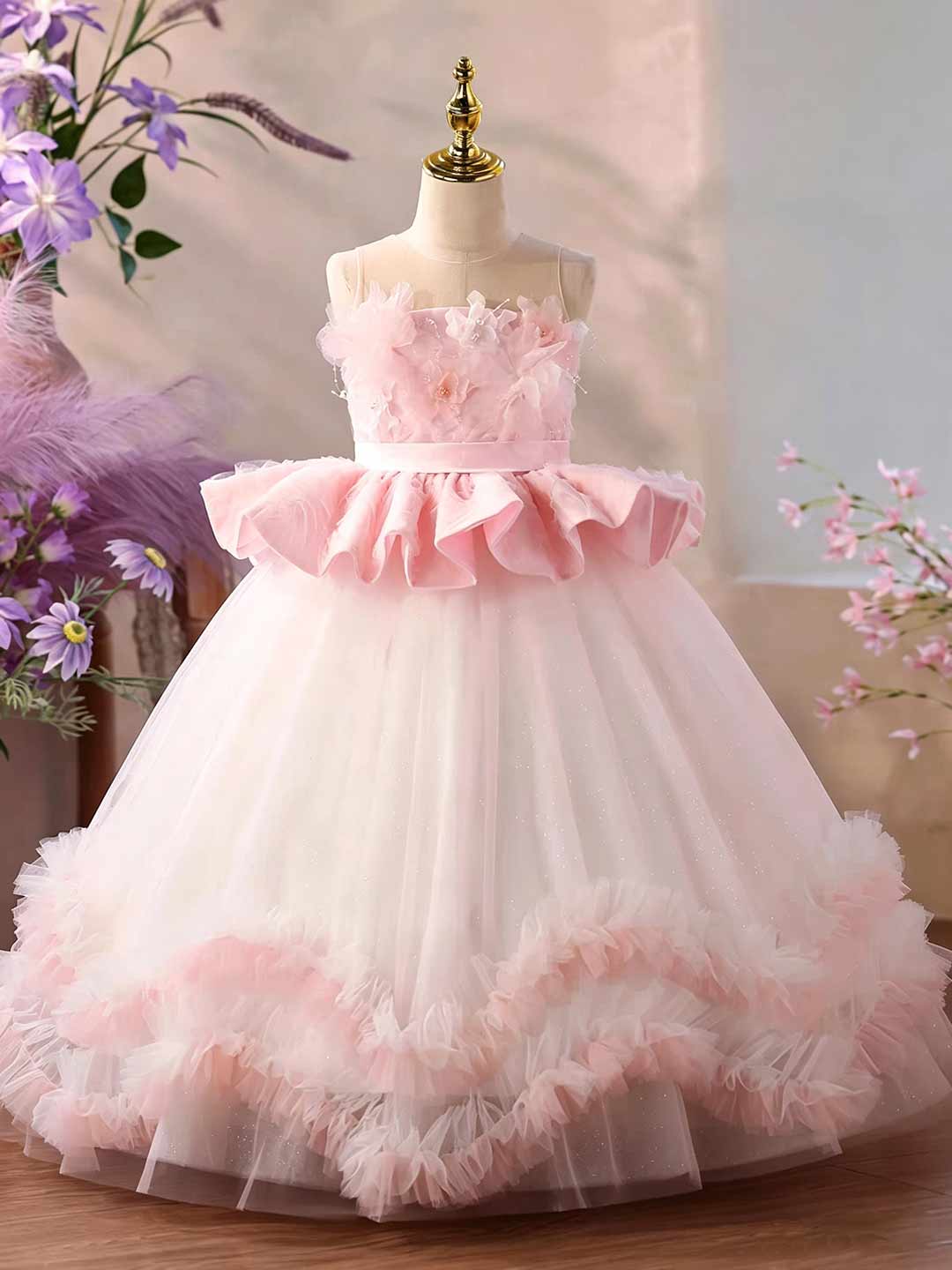 Pink floral tulle flower girl dress J626 2
