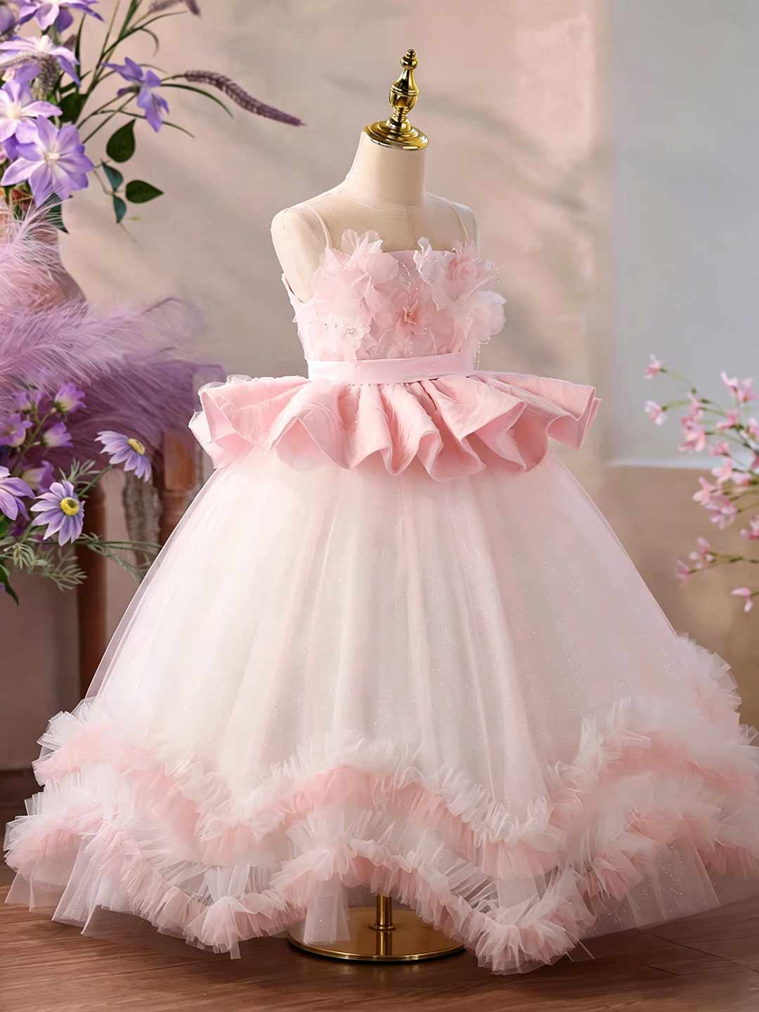 Pink floral tulle flower girl dress J626 4