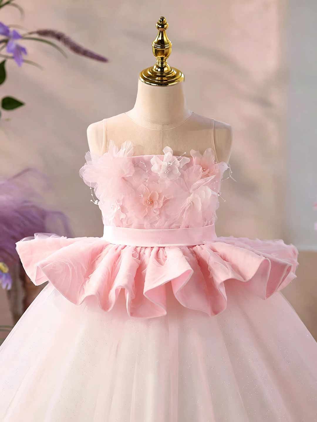 Pink floral tulle flower girl dress J626 5