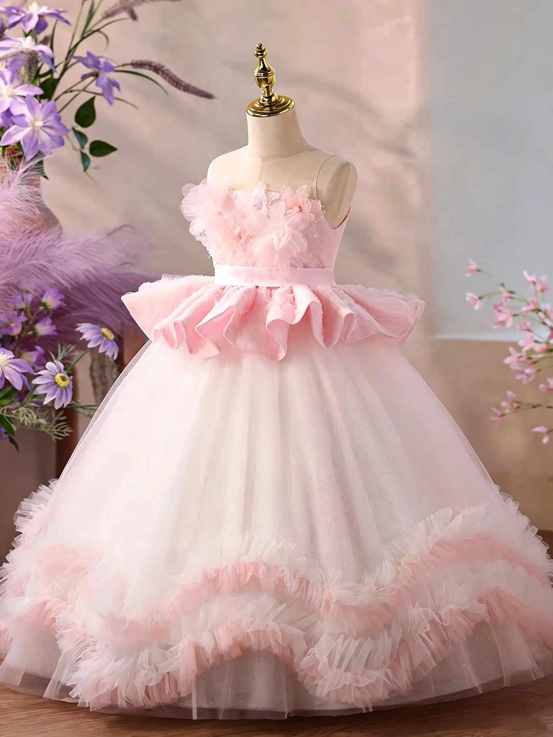 Pink floral tulle flower girl dress J626 6