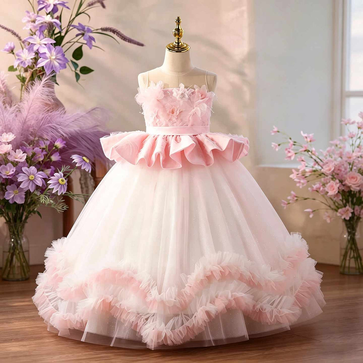Pink floral tulle flower girl dress J626 1
