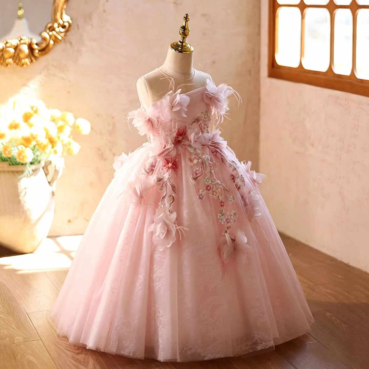 Pink floral embroidered tulle flower girl dress J627 2