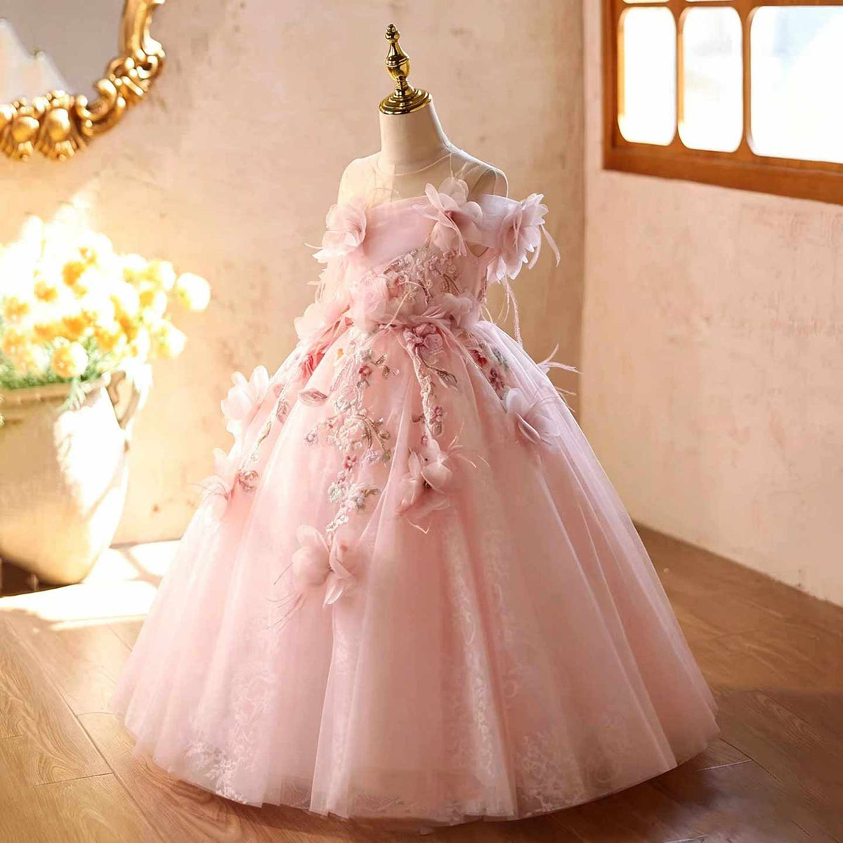 Pink floral embroidered tulle flower girl dress J627 4