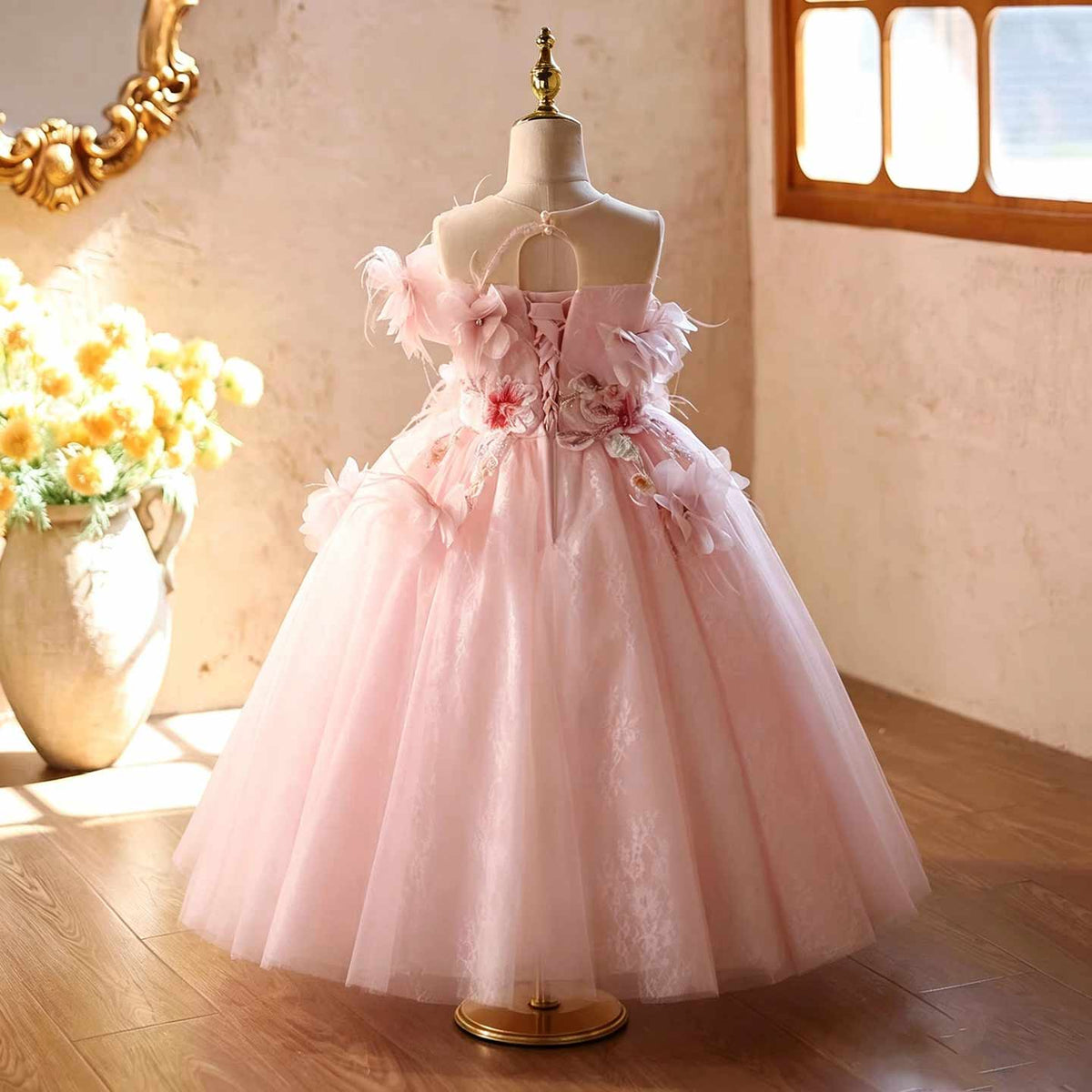 Pink floral embroidered tulle flower girl dress J627 3