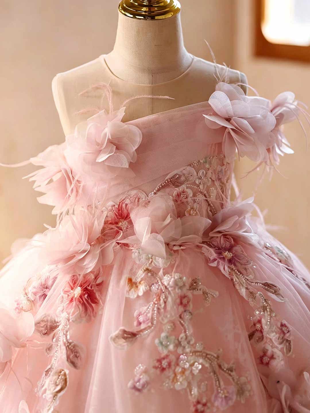 Pink floral embroidered tulle flower girl dress J627 5