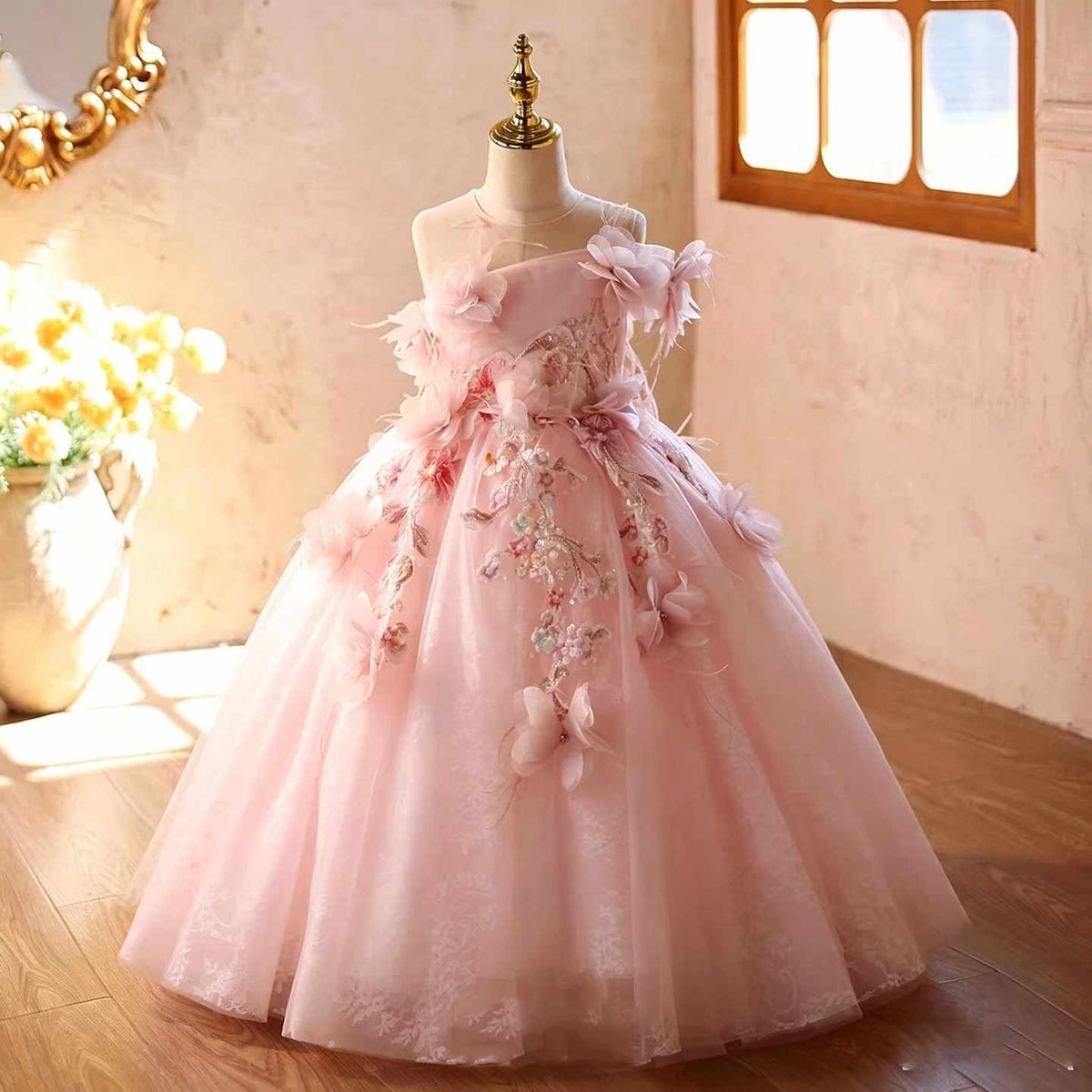 Pink floral embroidered tulle flower girl dress J627 1