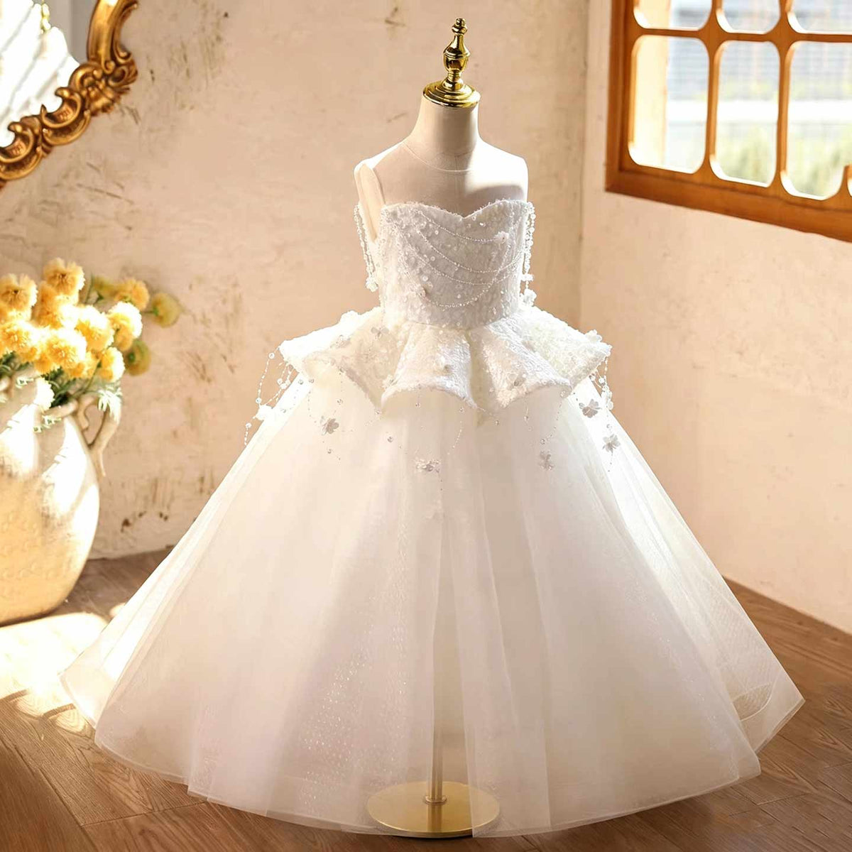 White beaded tulle flower girl dress J628 3