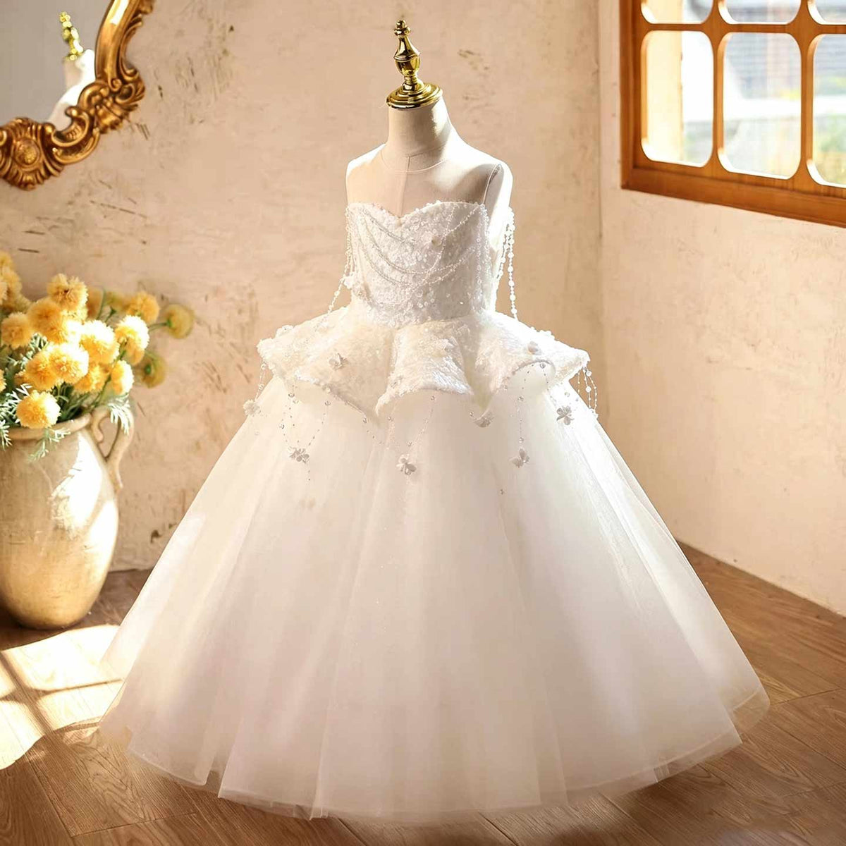 White beaded tulle flower girl dress J628 5