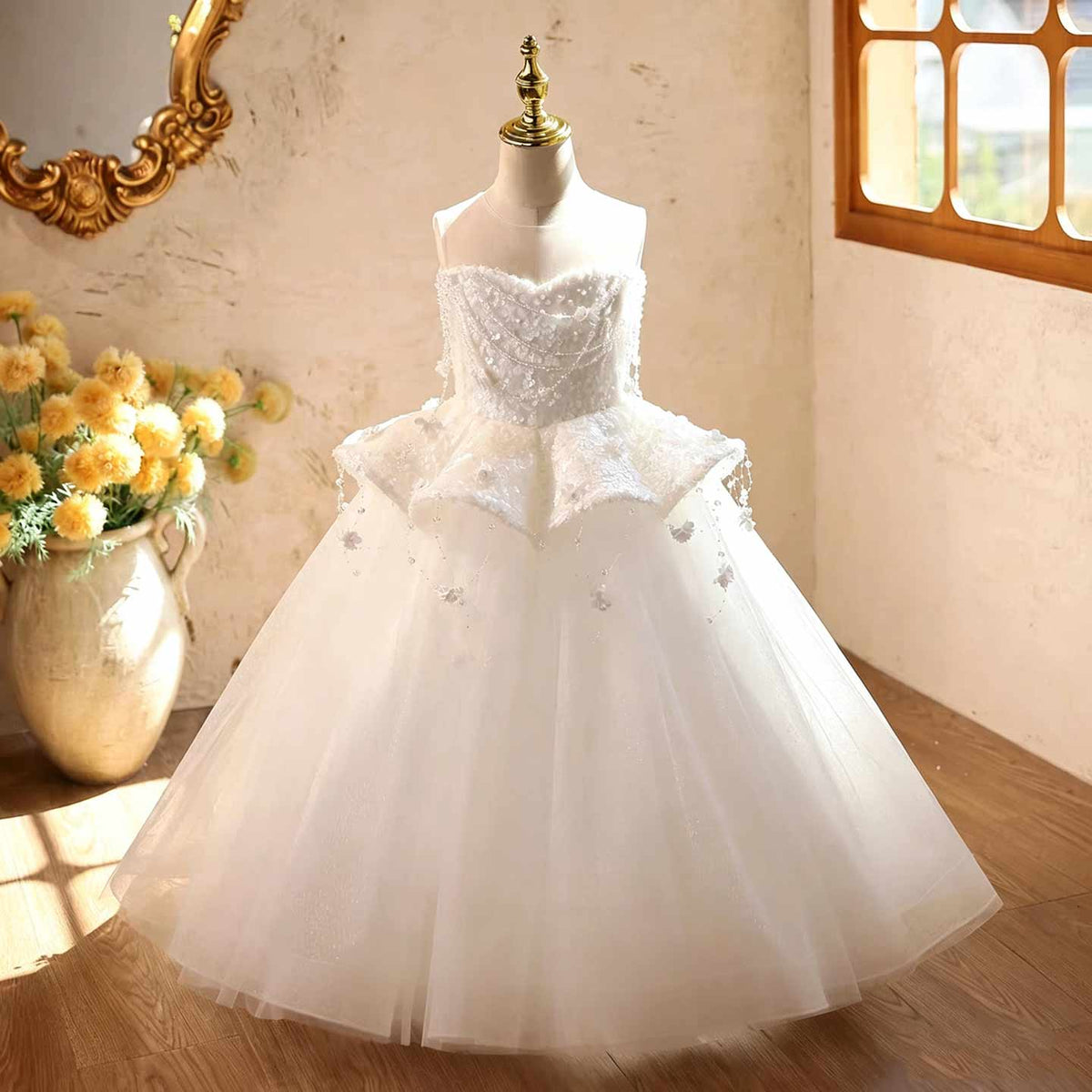 White beaded tulle flower girl dress J628 1