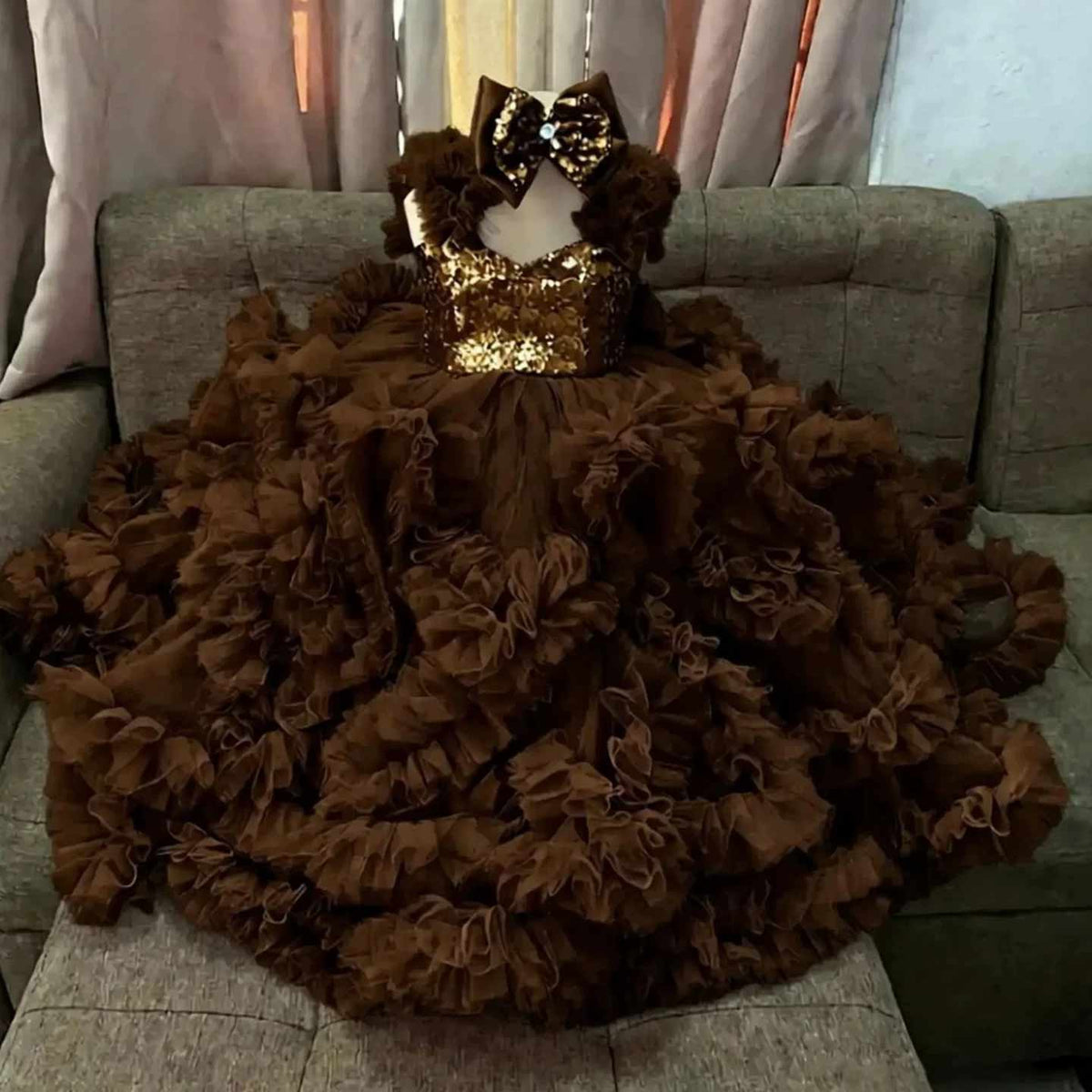 Brown sequin ruffle flower girl dress J629 1