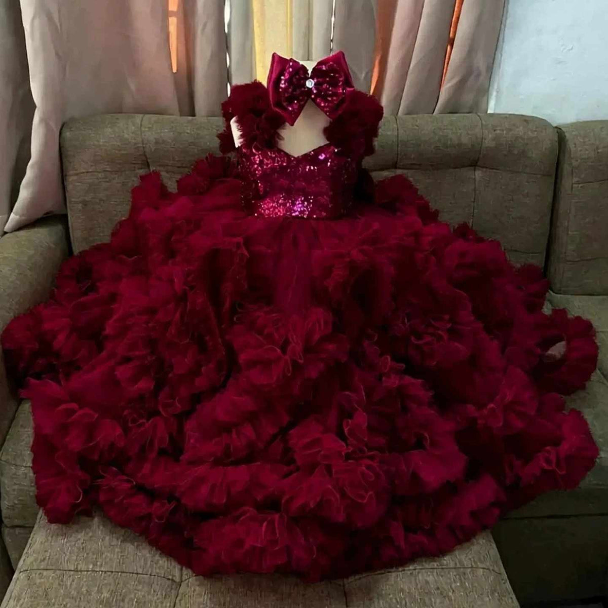 Burgundy sequin ruffle flower girl dress J629
