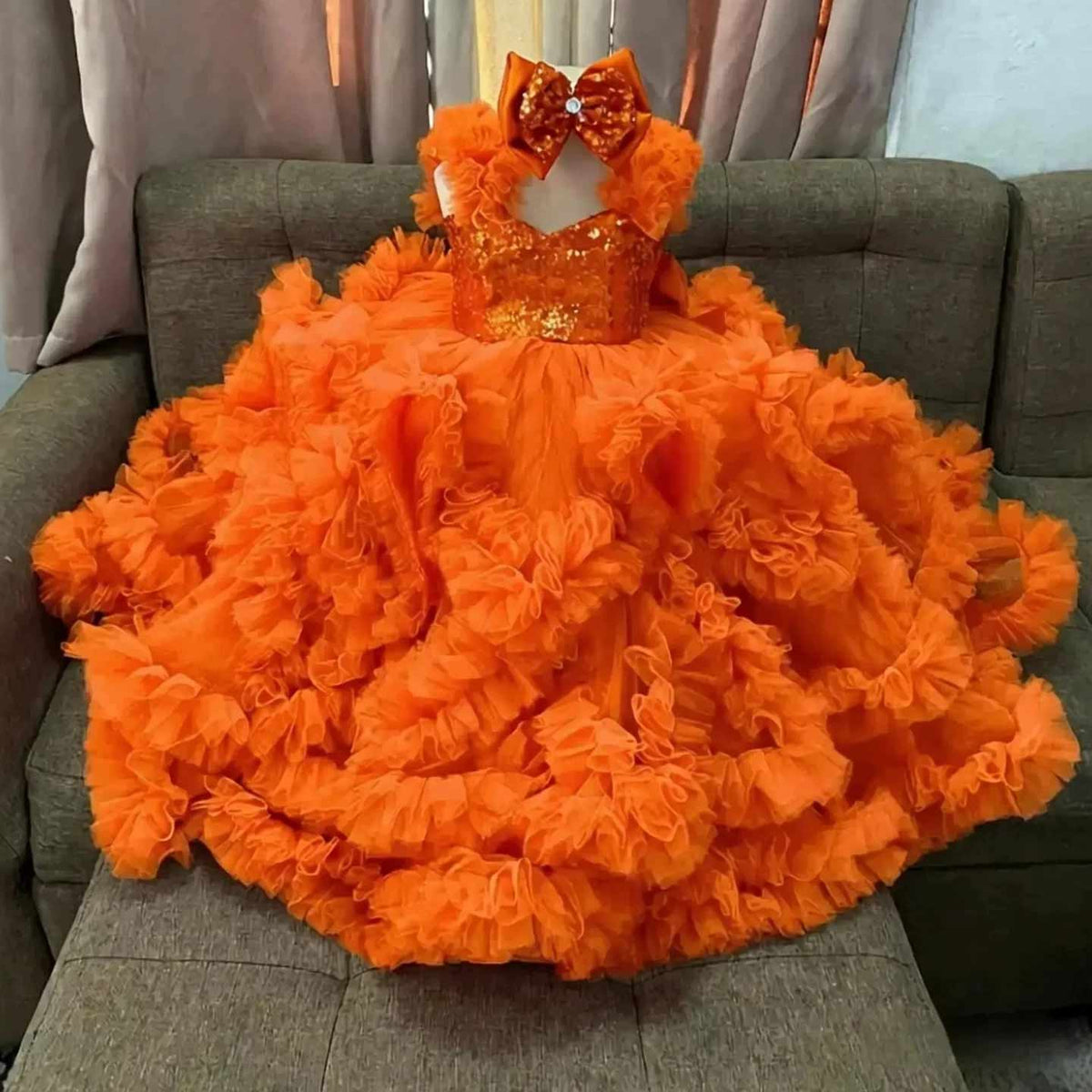 Orange sequin ruffle flower girl dress J629