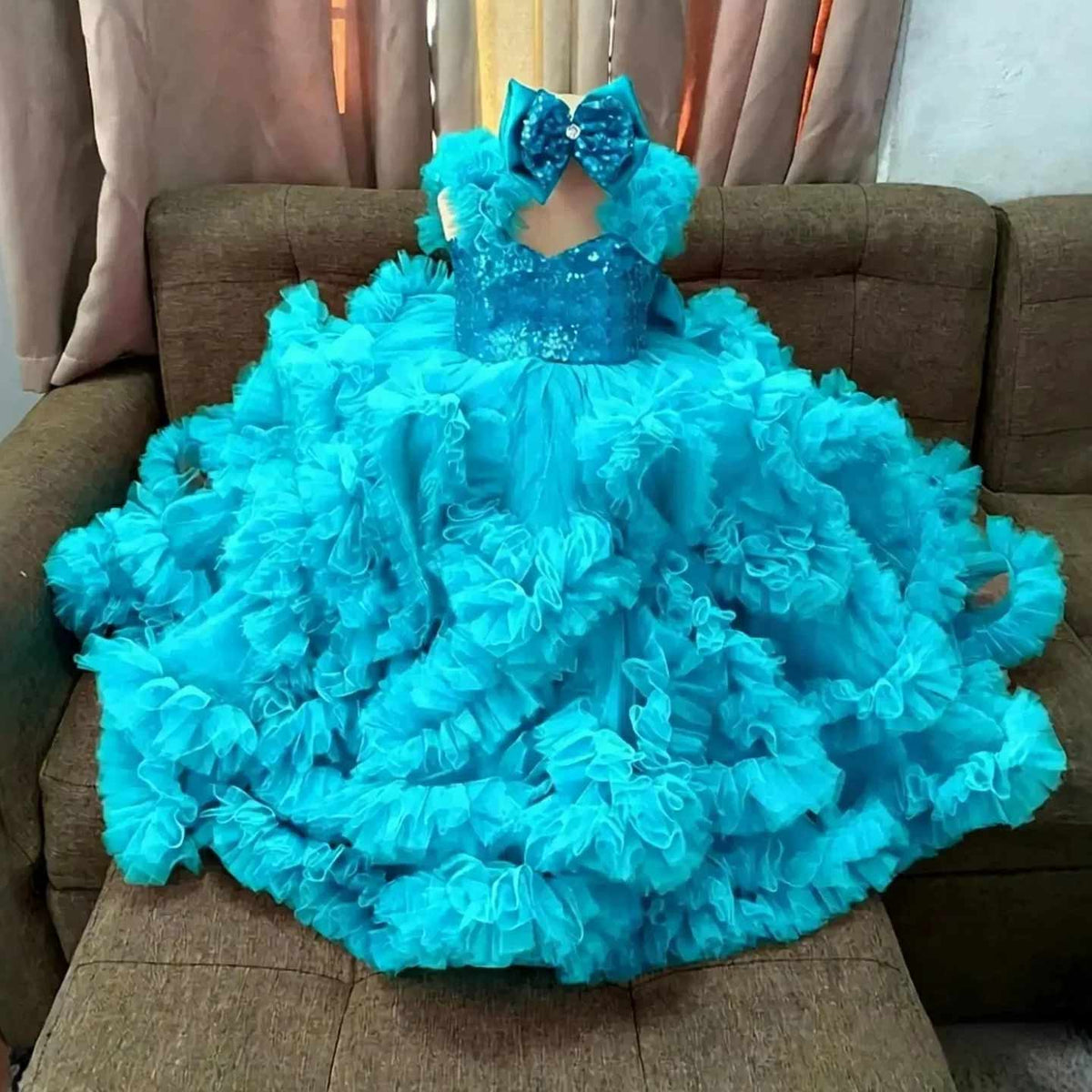 Turquoise sequin ruffle flower girl dress J629