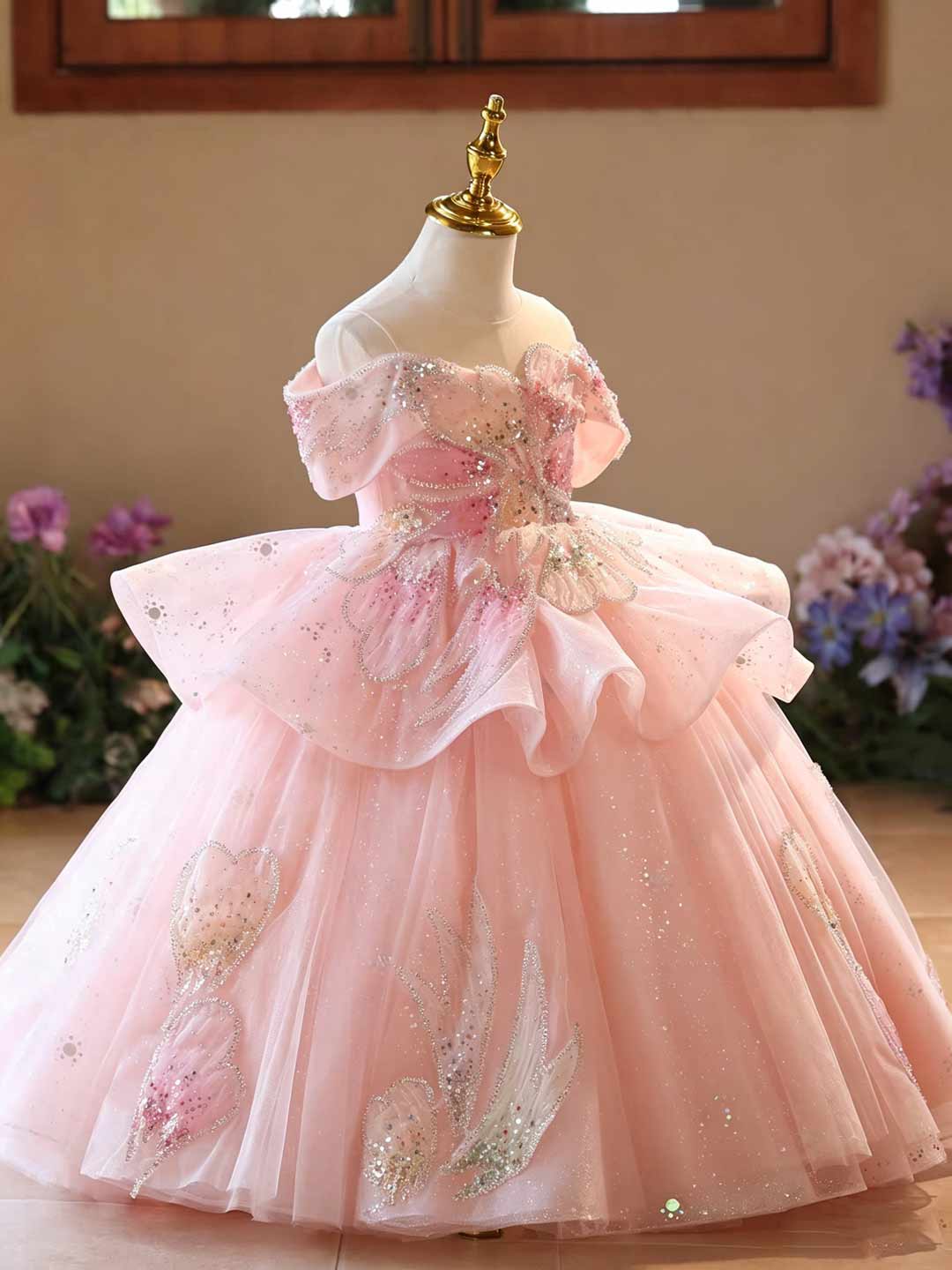J630 pink glitter tulle flower girl ball gown