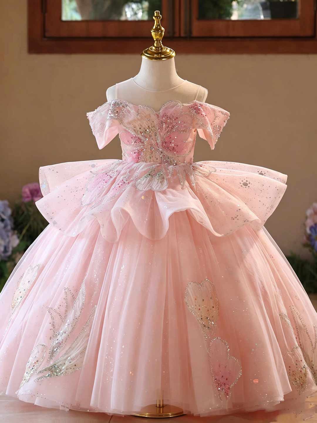 J630 pink glitter tulle flower girl ball gown