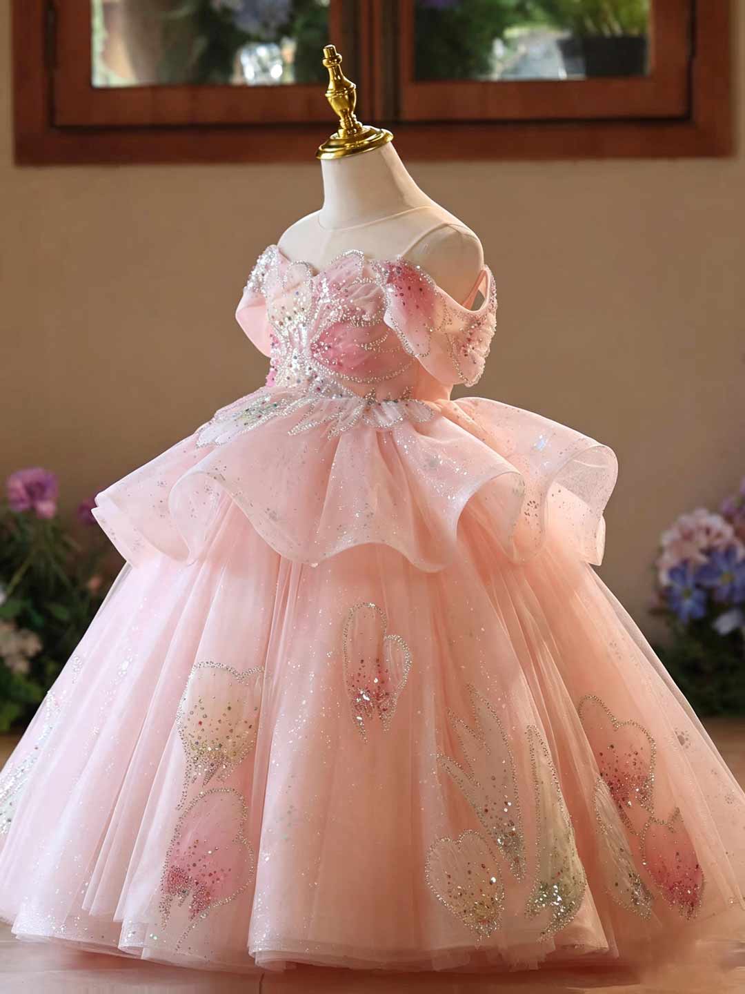 J630 pink glitter tulle flower girl ball gown