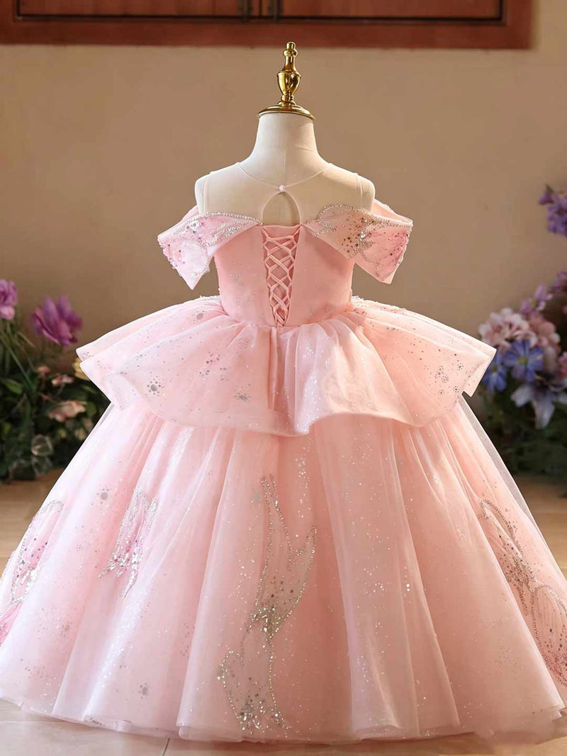 J630 pink glitter tulle flower girl ball gown
