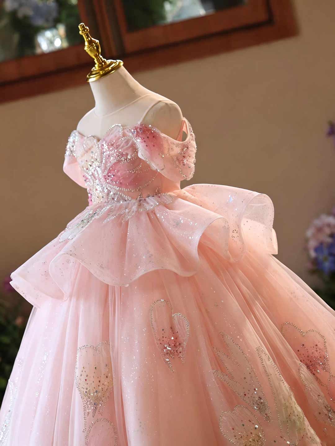 J630 pink glitter tulle flower girl ball gown