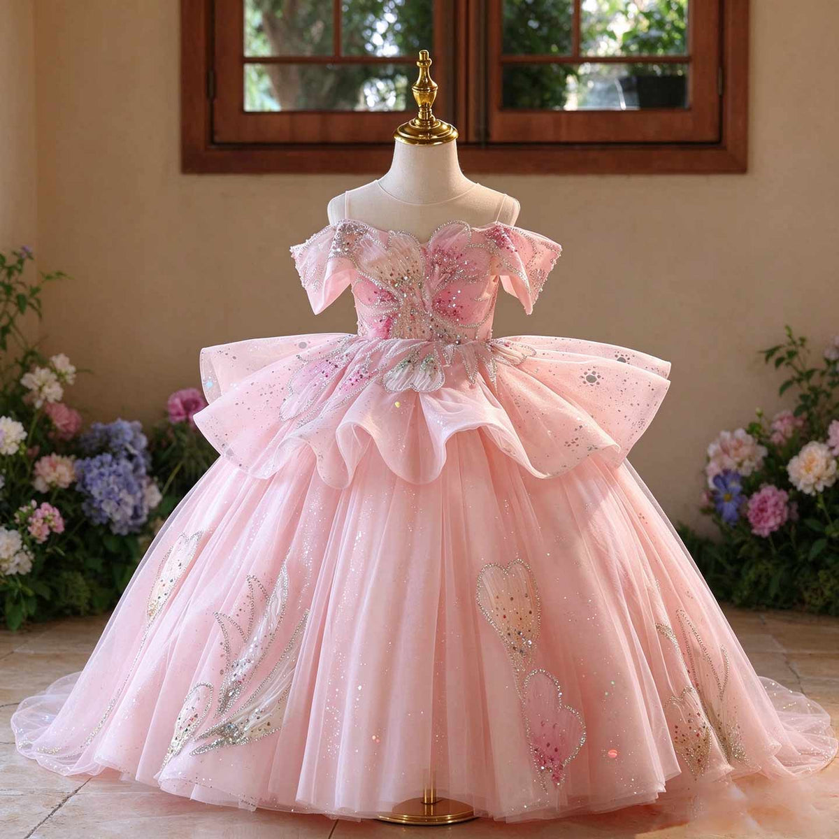 J630 pink glitter tulle flower girl ball gown
