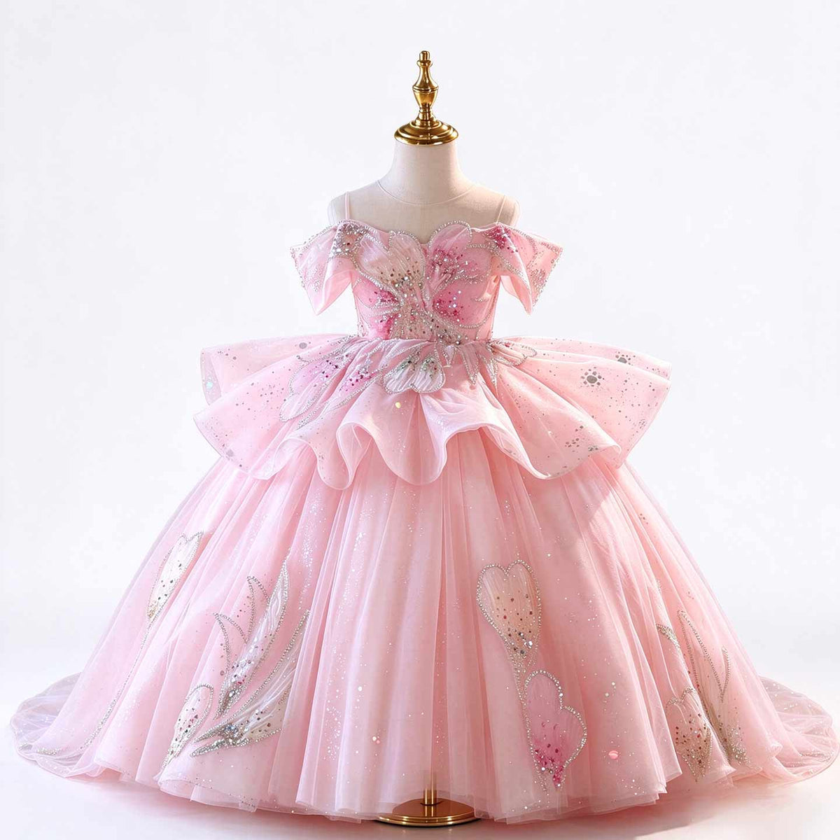 J630 pink glitter tulle flower girl ball gown