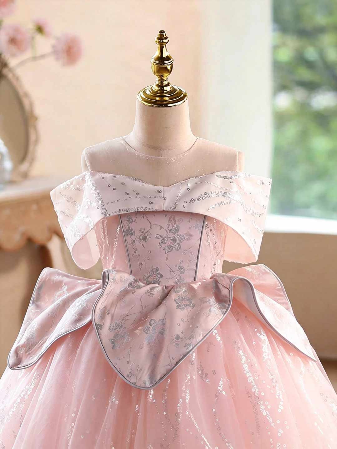 J631 pink glitter tulle flower girl ball gown