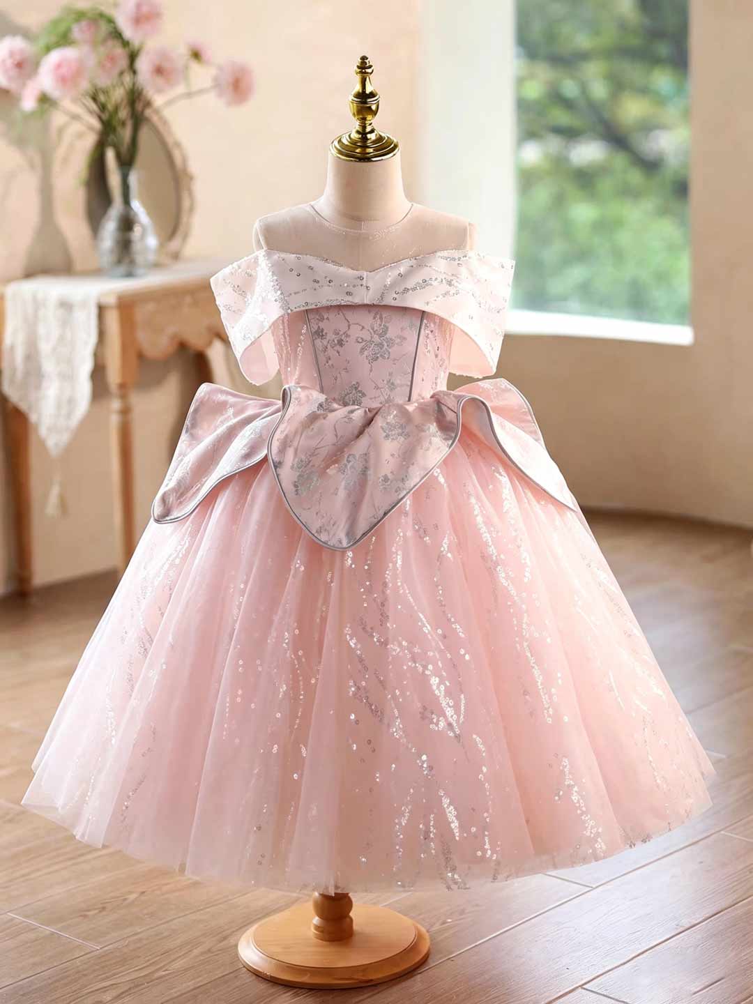J631 pink glitter tulle flower girl ball gown