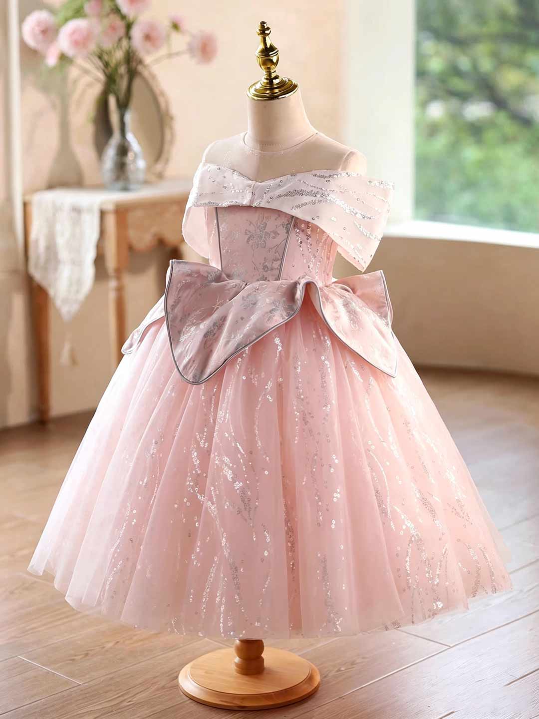 J631 pink glitter tulle flower girl ball gown