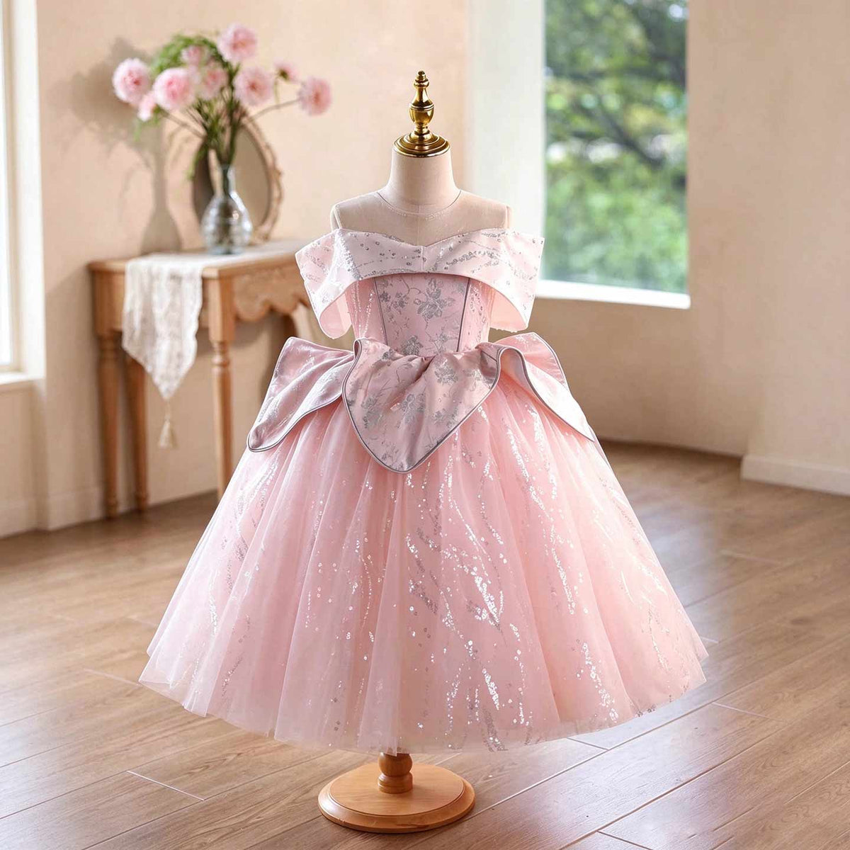 J631 pink glitter tulle flower girl ball gown