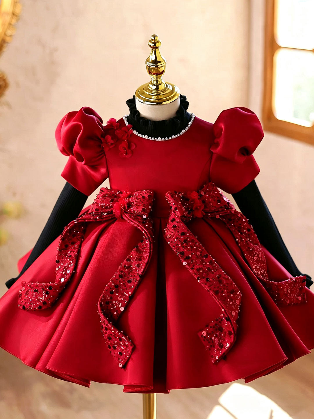 J921 red puff sleeve sequin bow flower girl dress, view 1
