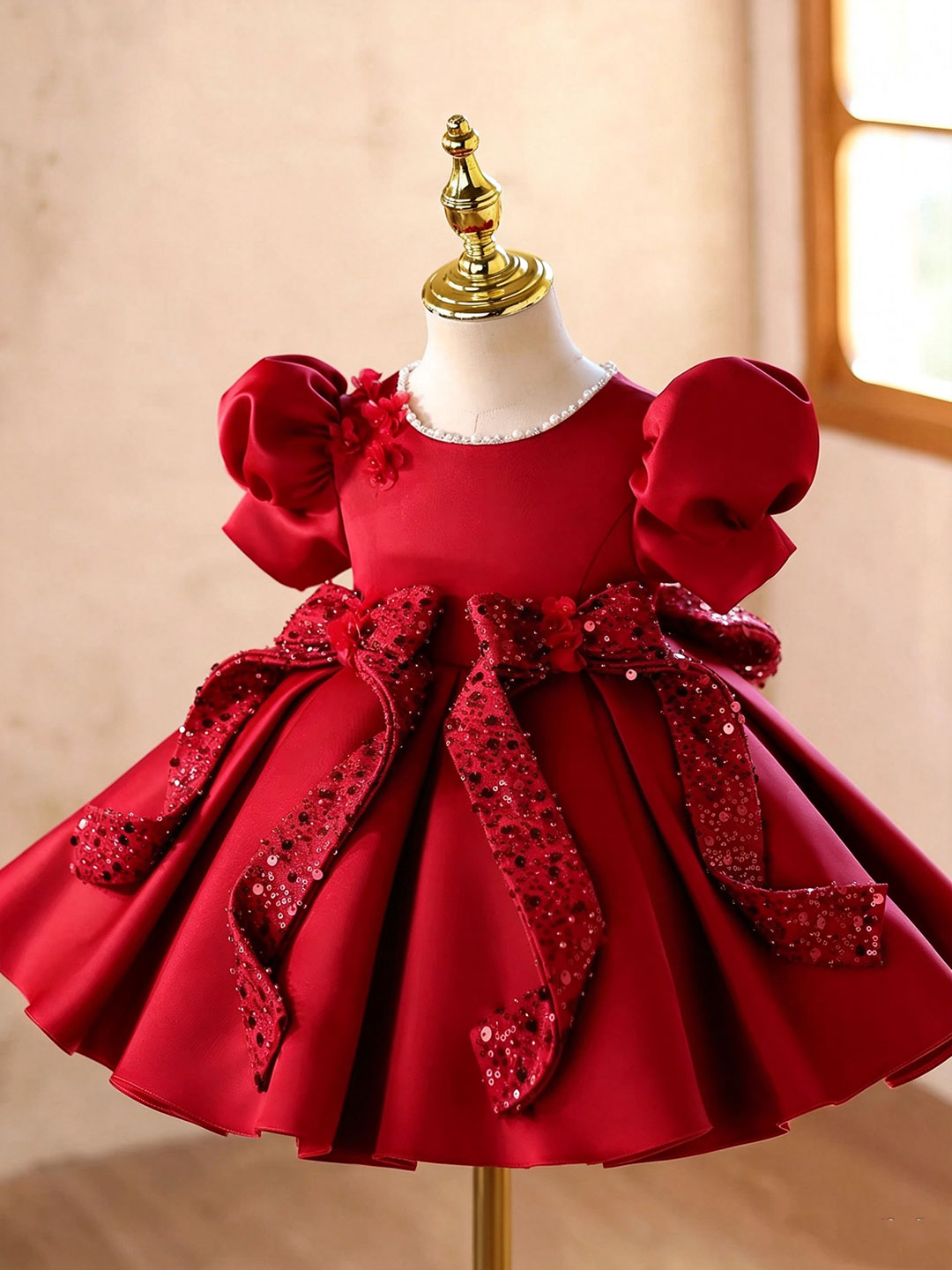 J921 red puff sleeve sequin bow flower girl dress, view 3