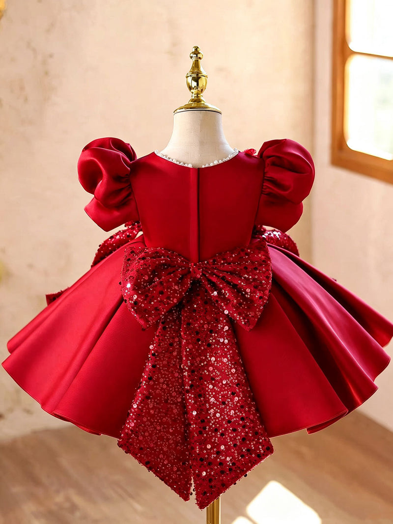 J921 red puff sleeve sequin bow flower girl dress, view 4