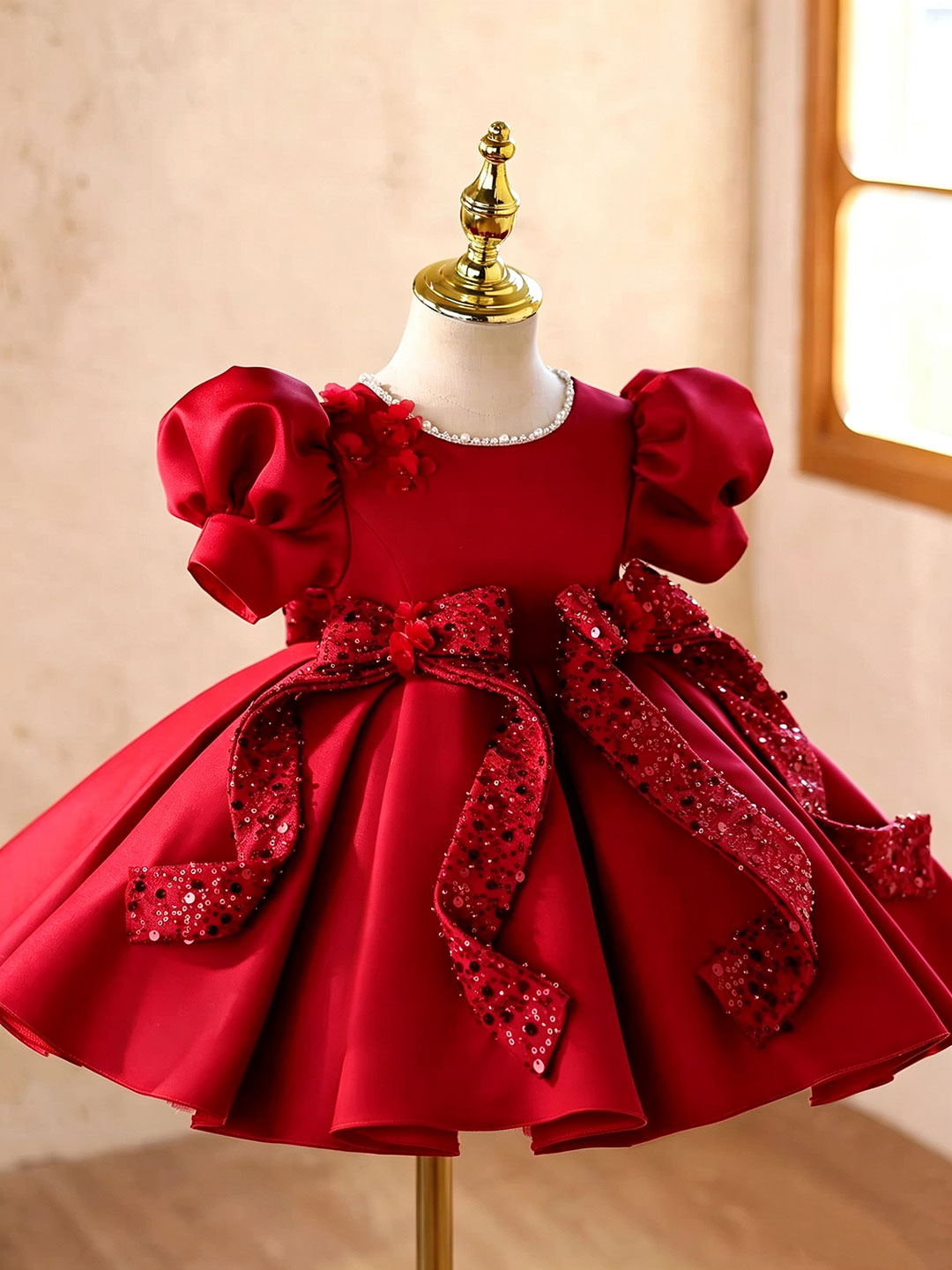 J921 red puff sleeve sequin bow flower girl dress, view 5