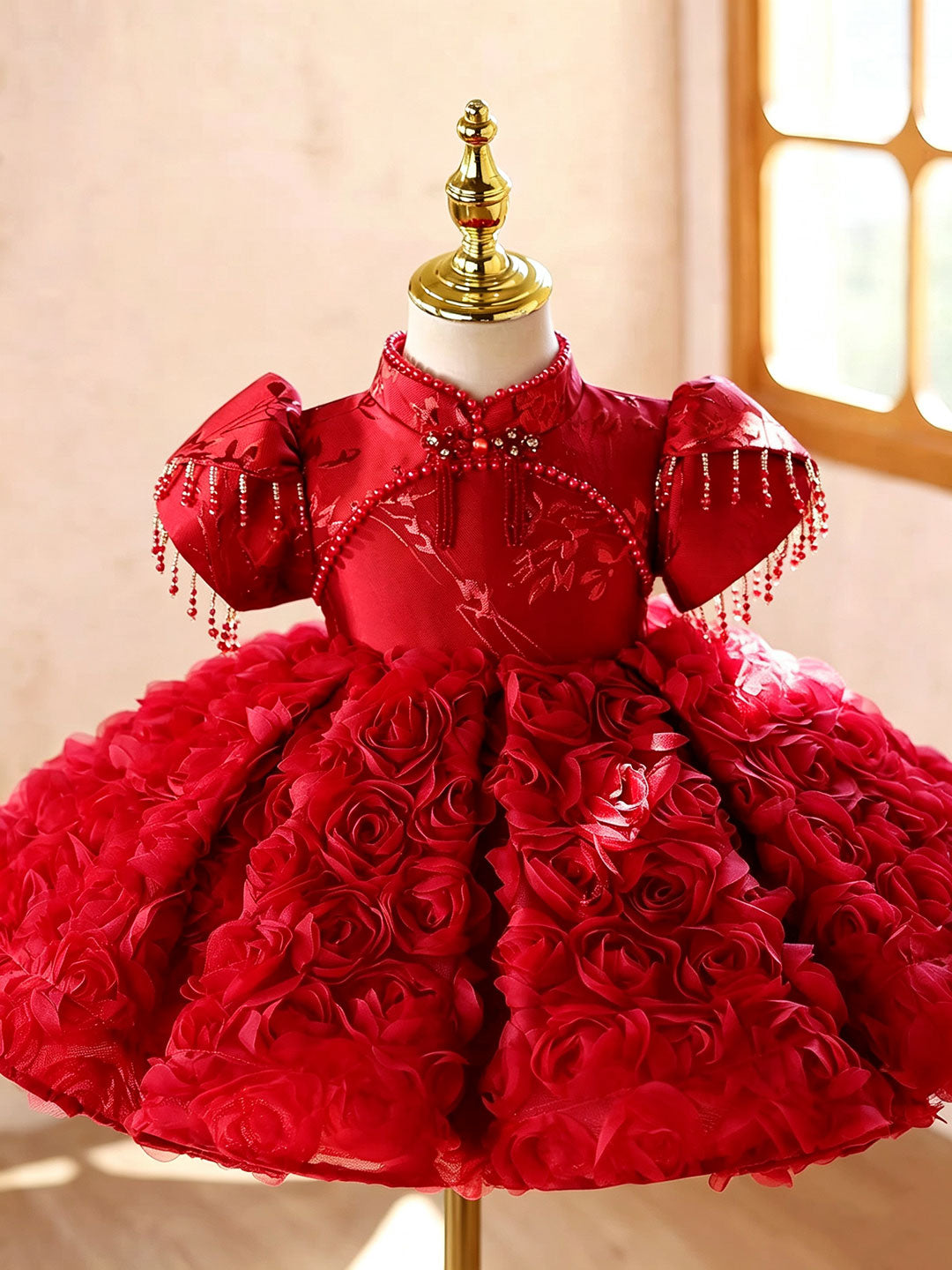 J922 red rosette beaded puff sleeve flower girl dress, view 2
