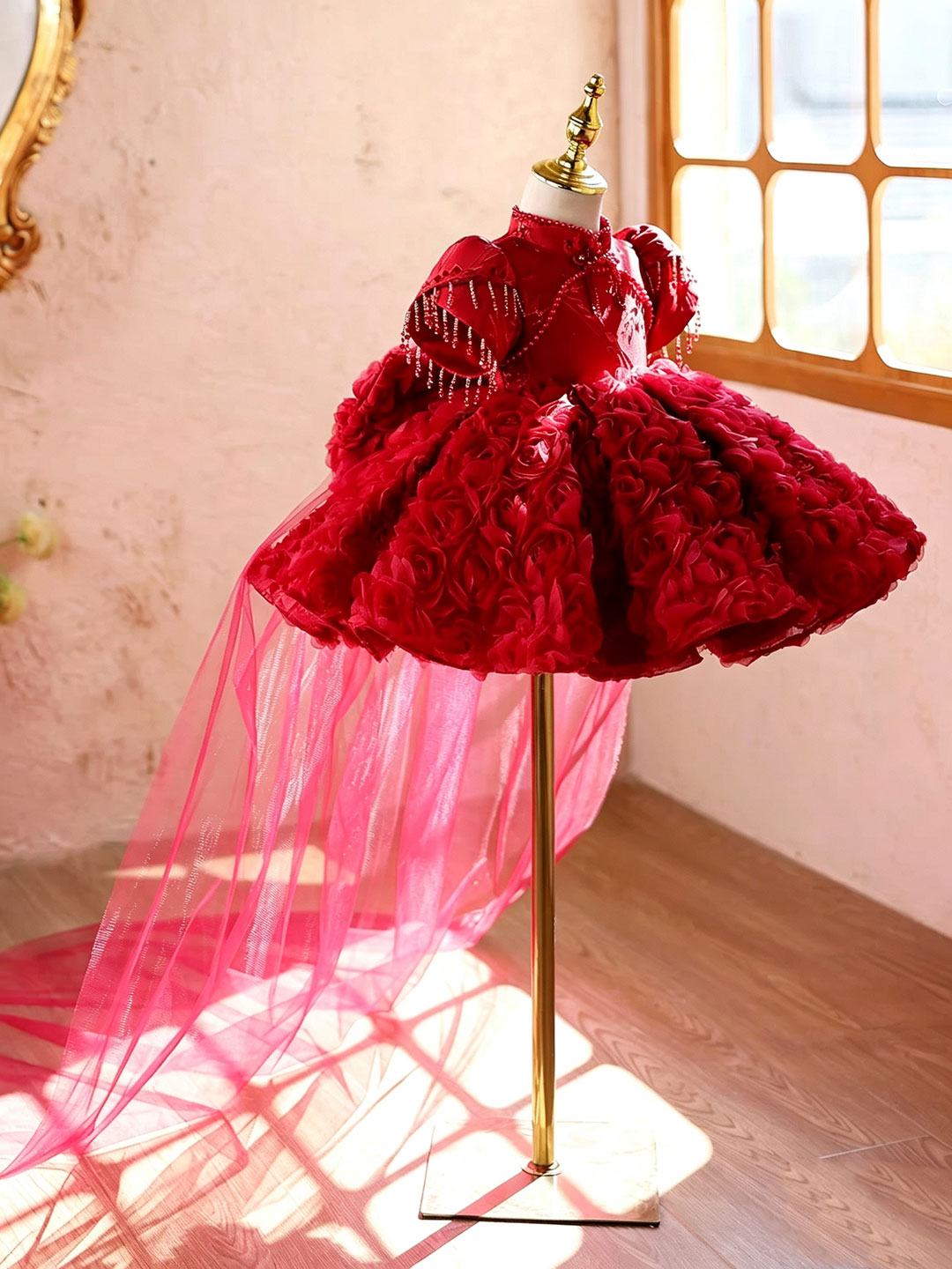 J922 red rosette beaded puff sleeve flower girl dress, view 3
