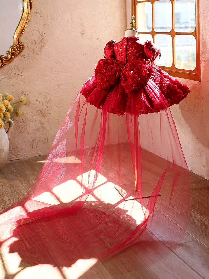 J922 red rosette beaded puff sleeve flower girl dress, view 4