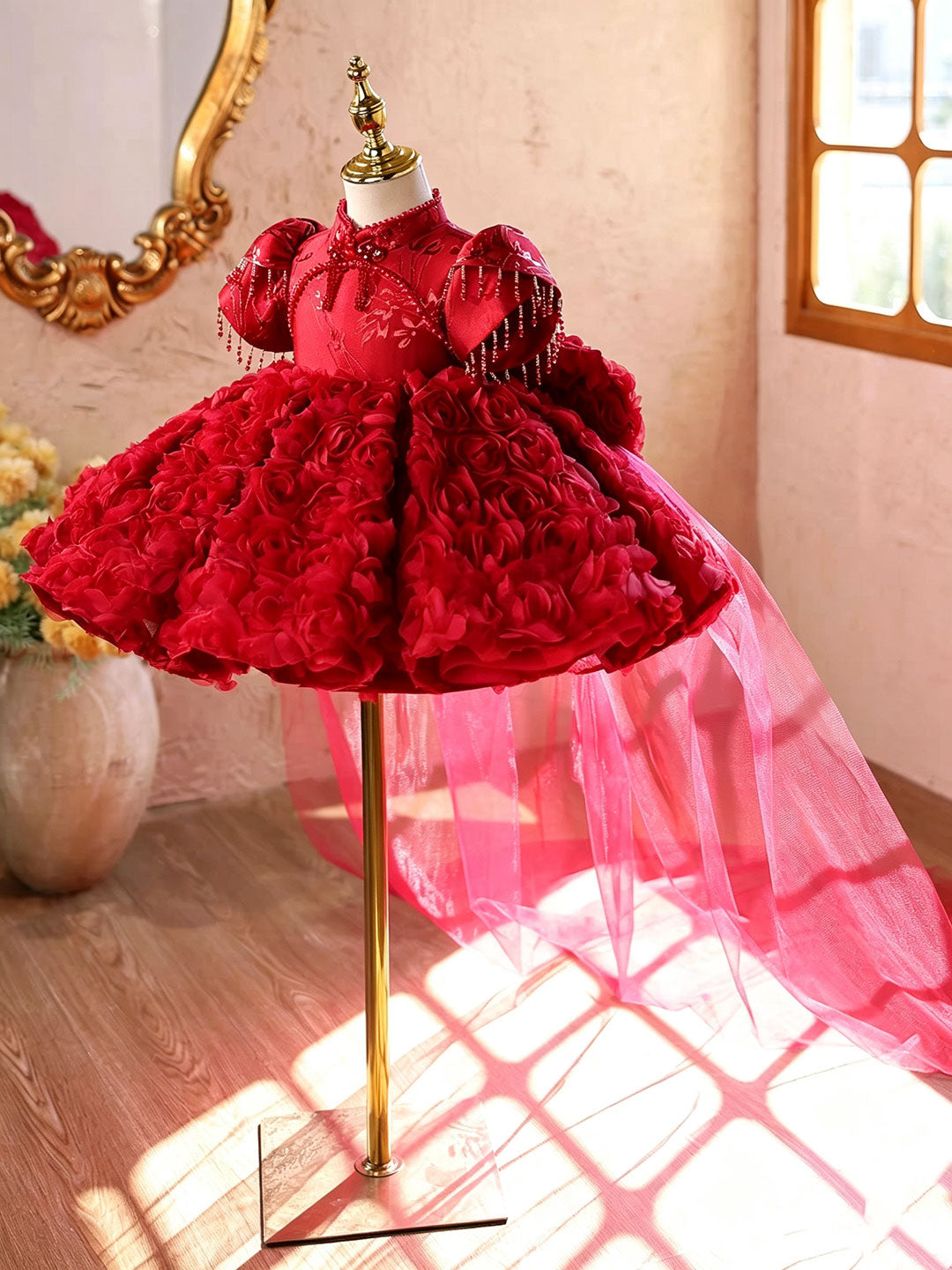 J922 red rosette beaded puff sleeve flower girl dress, view 5