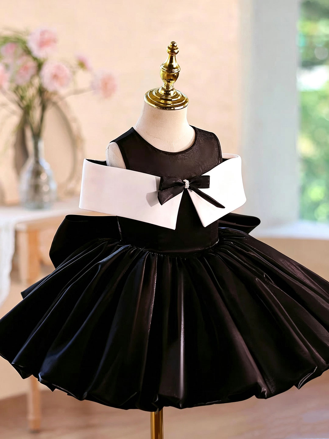 J923 black white bow flower girl dress, view 2