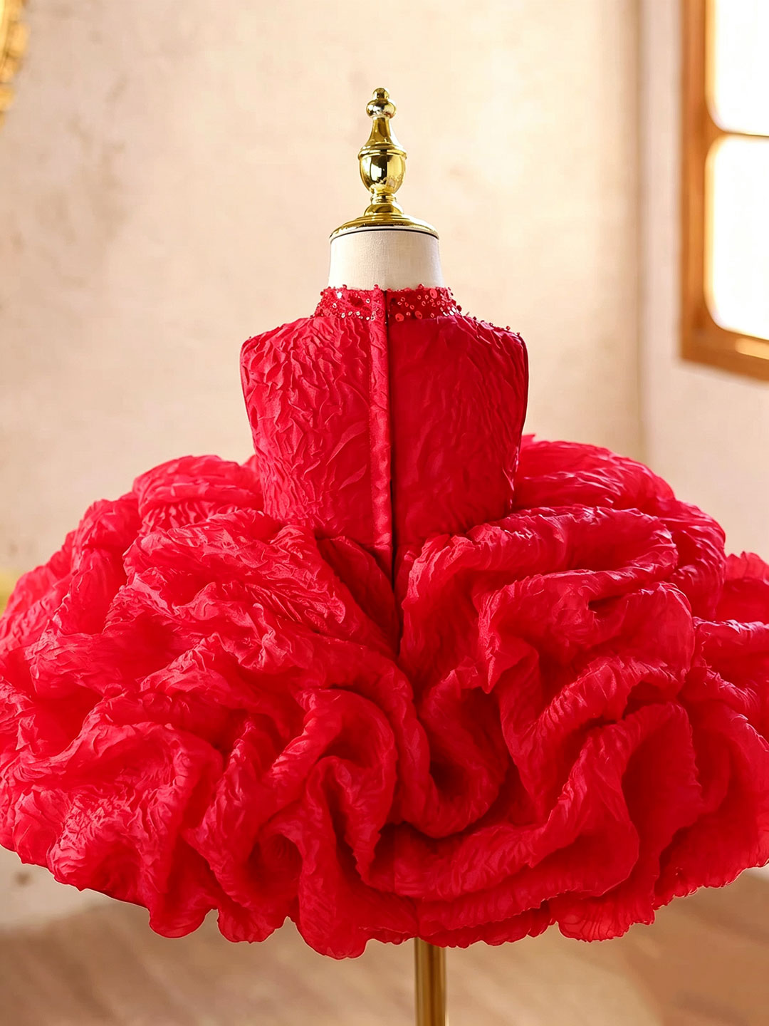 J924 red sequin ruffle flower girl dress, view 1