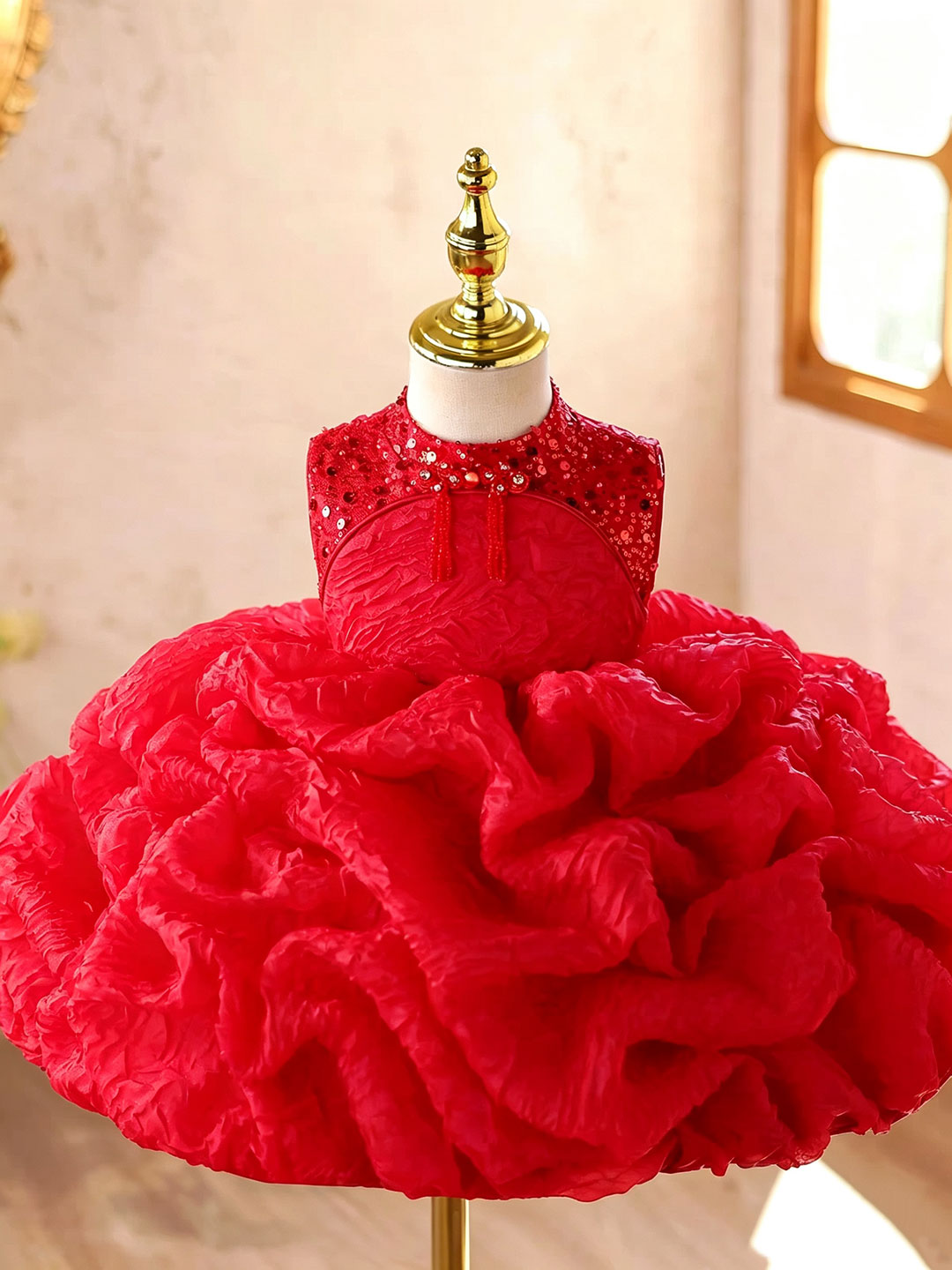 J924 red sequin ruffle flower girl dress, view 2