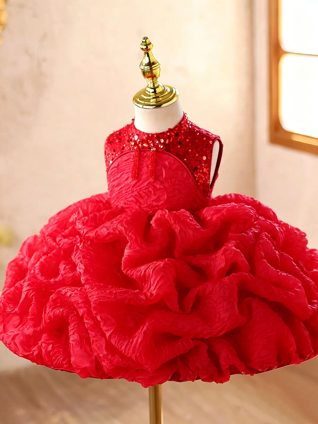 J924 red sequin ruffle flower girl dress, view 3