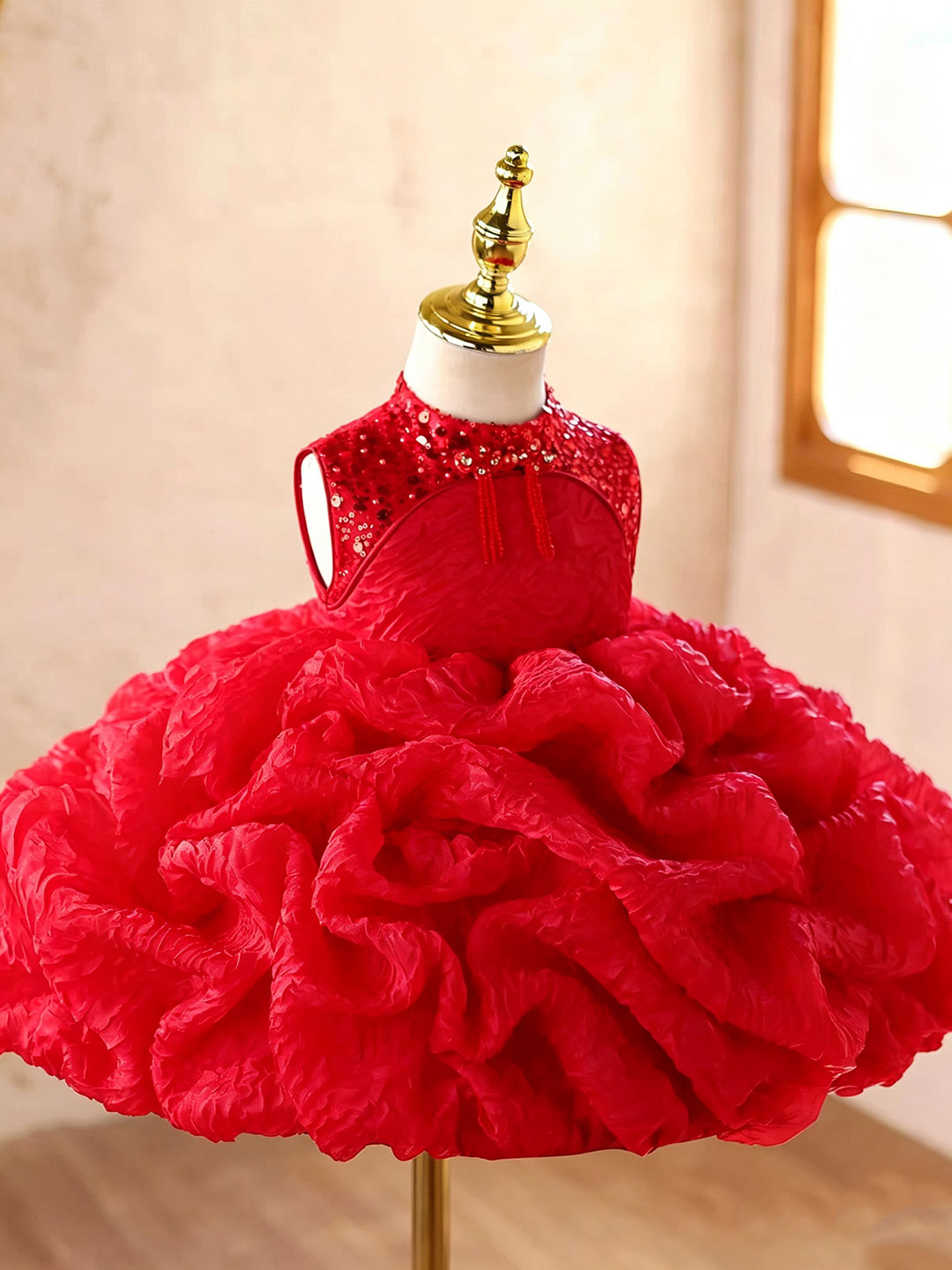 J924 red sequin ruffle flower girl dress, view 4