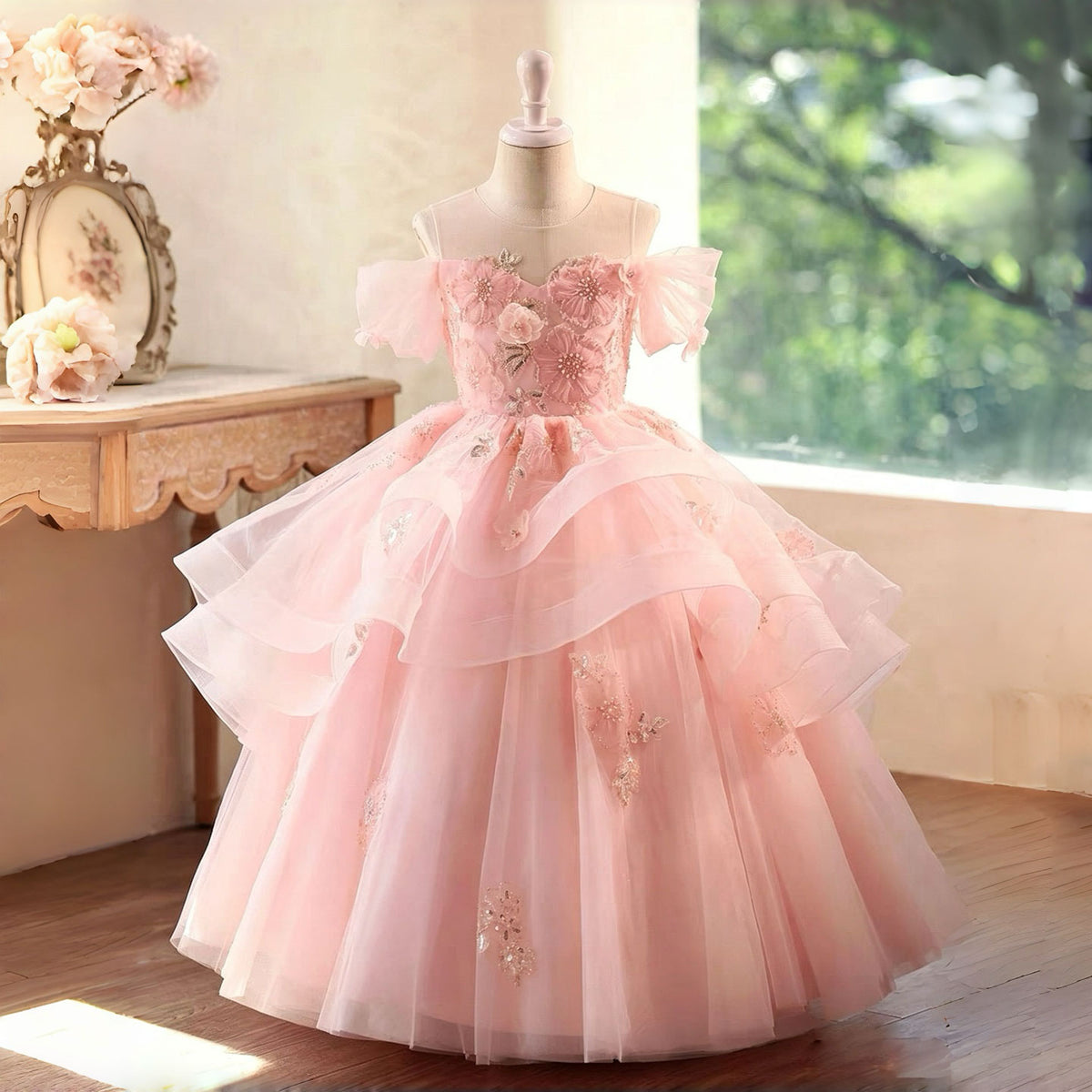 Pink Flower Girl Dress for Girls Bow Back Tulle Dress for Wedding Reception D347