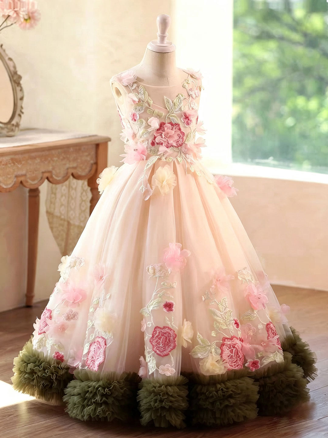 luxury flower girl dress Luxury Ball Flower Girl Dress High Neck Floor-Length Princess Gown for Wedding & Birthday Parties (Customized)