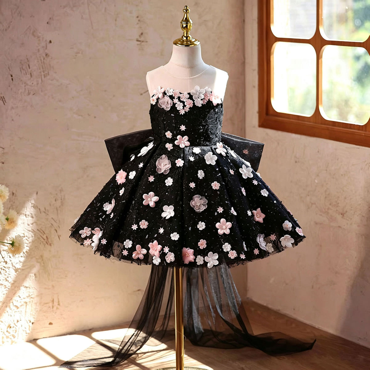 Black Flower Girl Dress for Girls Floral Applique Tulle Party Dress for Party J904
