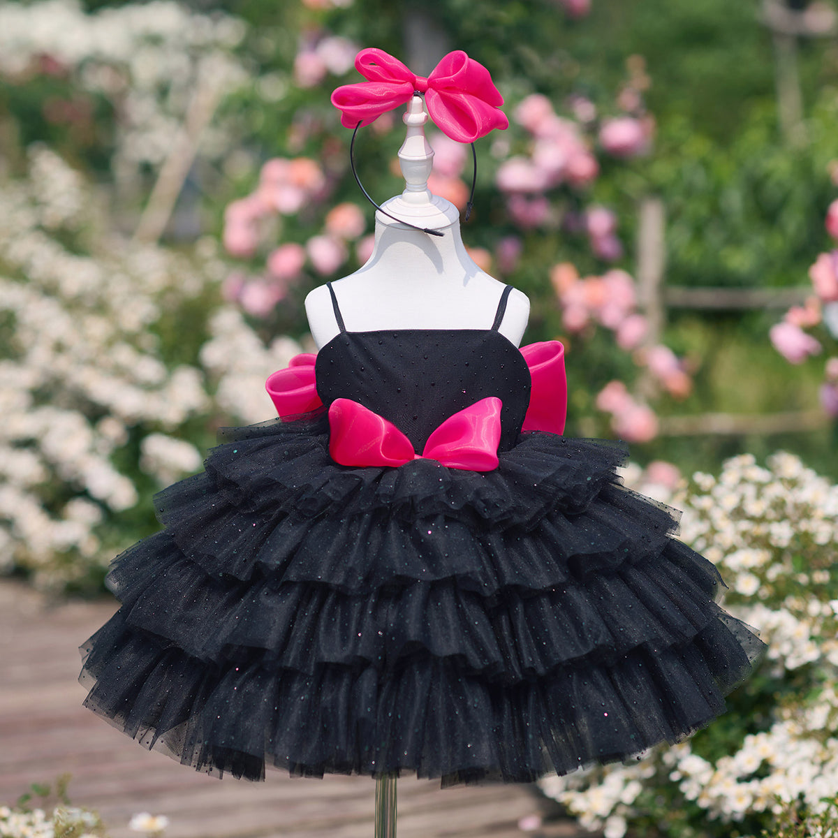 Black Flower Girl Dress for Girls Hot Pink Bow Tulle Party Dress for Party J907
