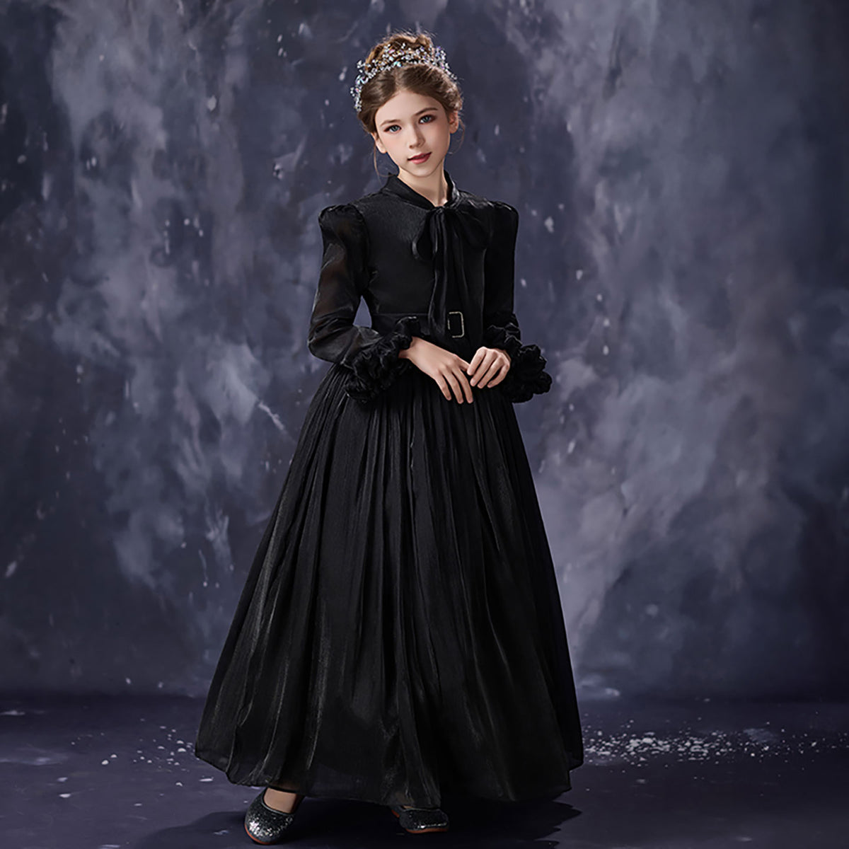 Black Flower Girl Dress for Girls Long Sleeve Tulle Party Dress for Formal Event D348