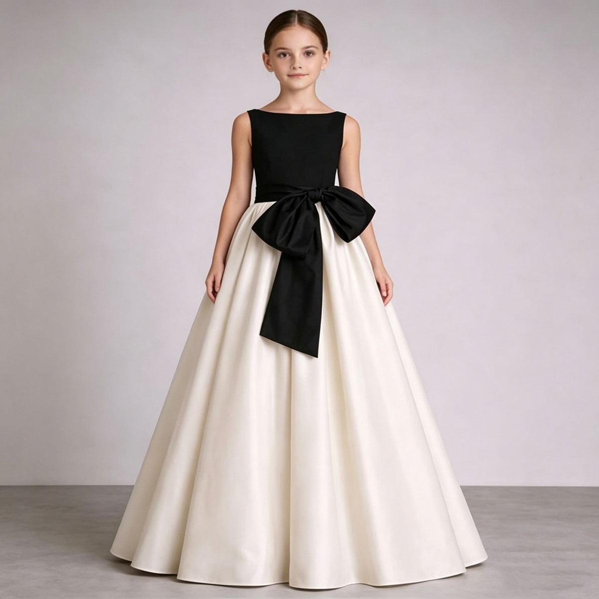 Ivory and Black Flower Girl Dress for Kids Elegant Satin Party Dress w Jill Wish Ivory and Black Flower Girl Dress for Kids Elegant Satin Party Dress w Jill Wish